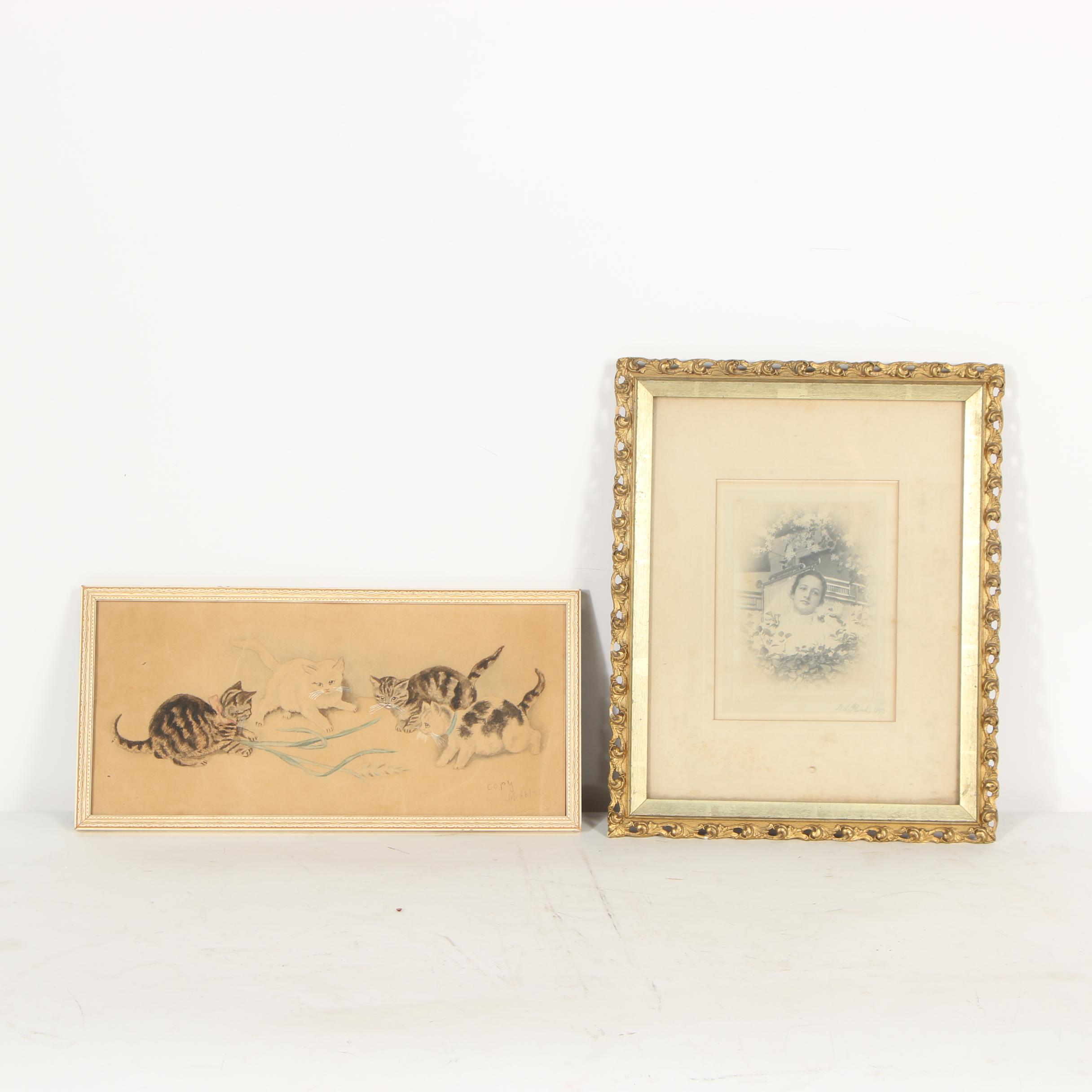1897 Albumen Photograph and Pastel Drawing of Cats