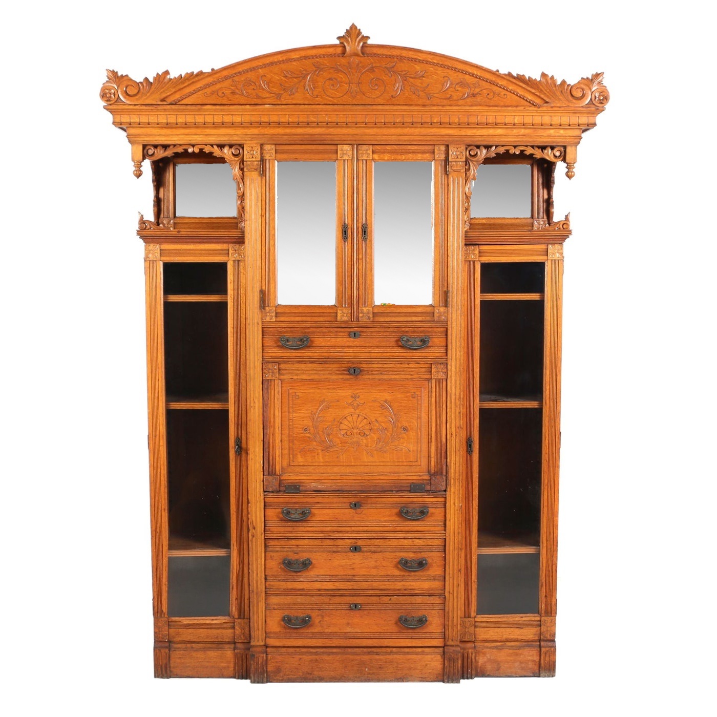 Victorian Carved Oak Double Side-By-Side Secretary Bookcase, Late 19th Century