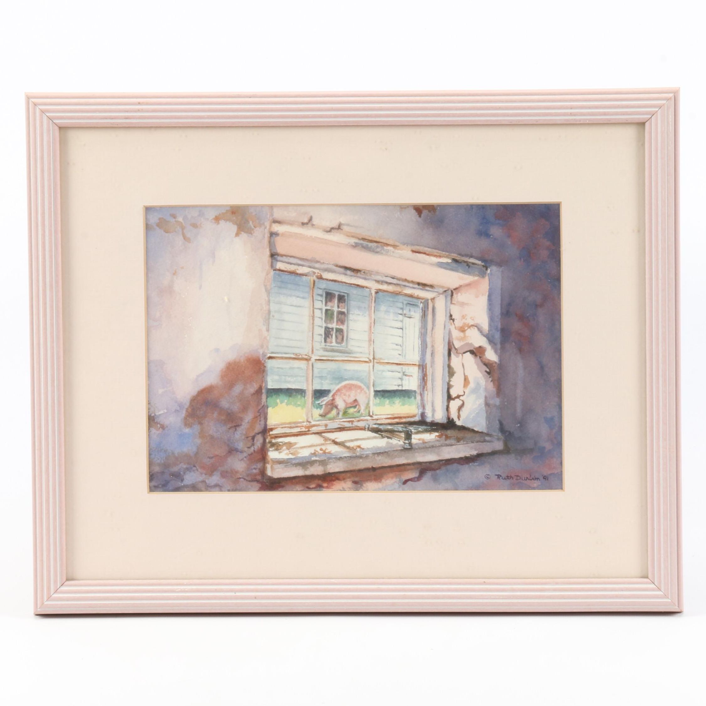 Ruth Durbin 1991 Watercolor Painting "Pig in the Window"