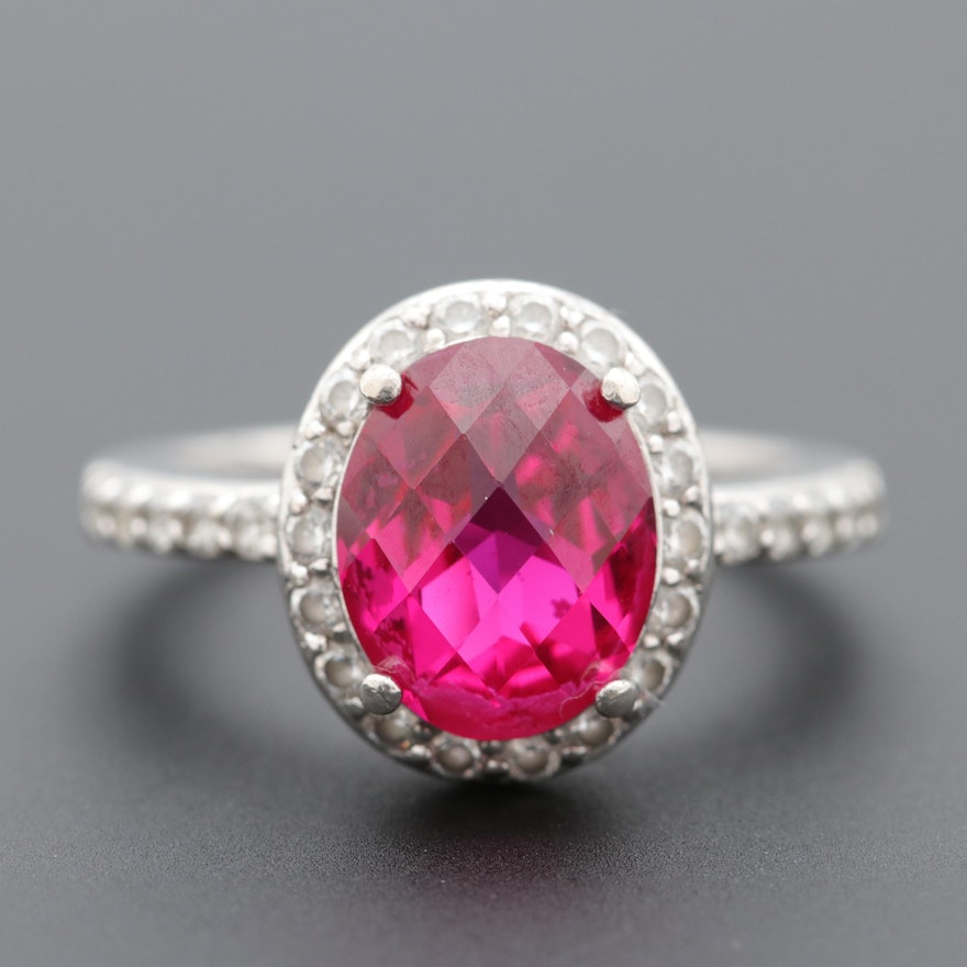 Sterling Silver Synthetic Ruby and Cubic Zirconia Ring