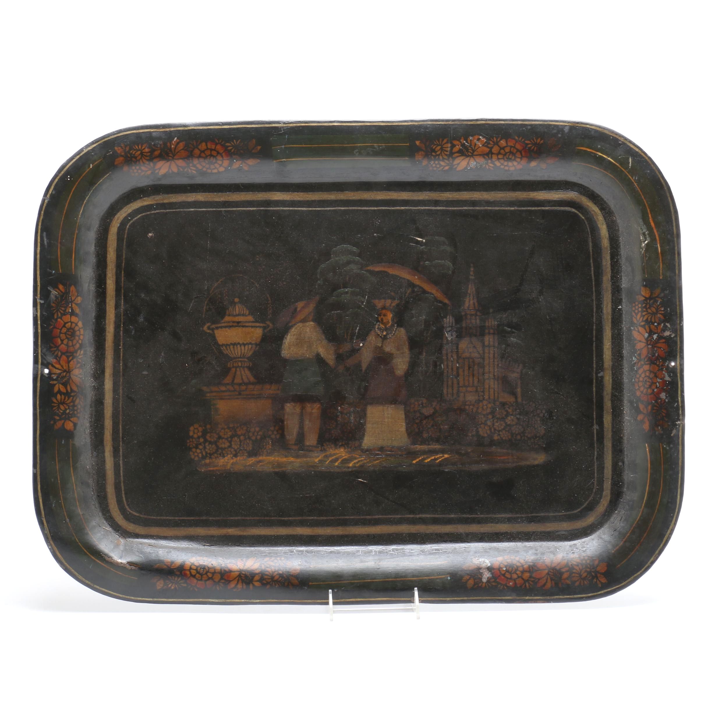 Antique Gilt and Hand Painted Asian Motif Tray