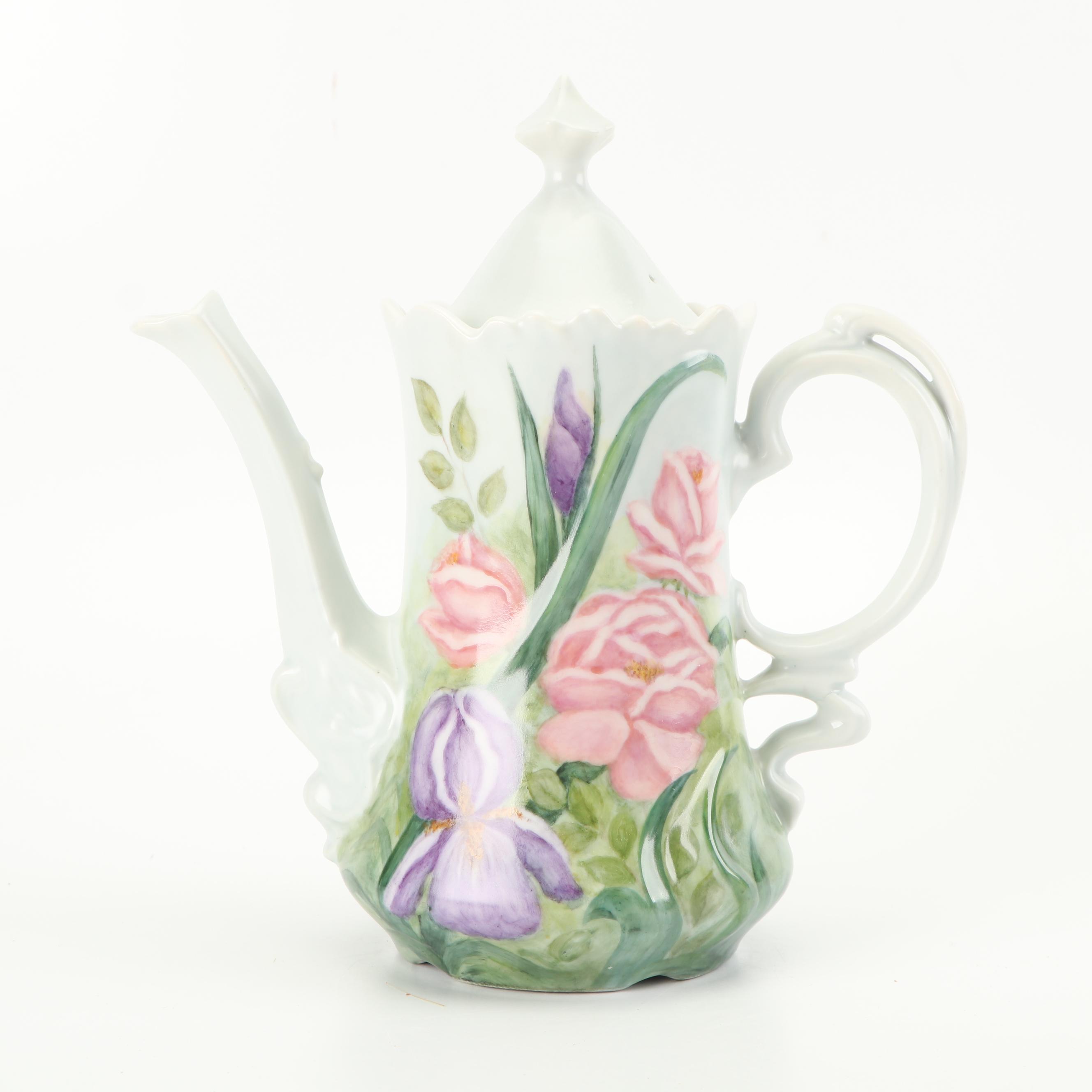 Hobbyist Painted Porcelain Coffee Pot with Creamer and Sugar, 1987