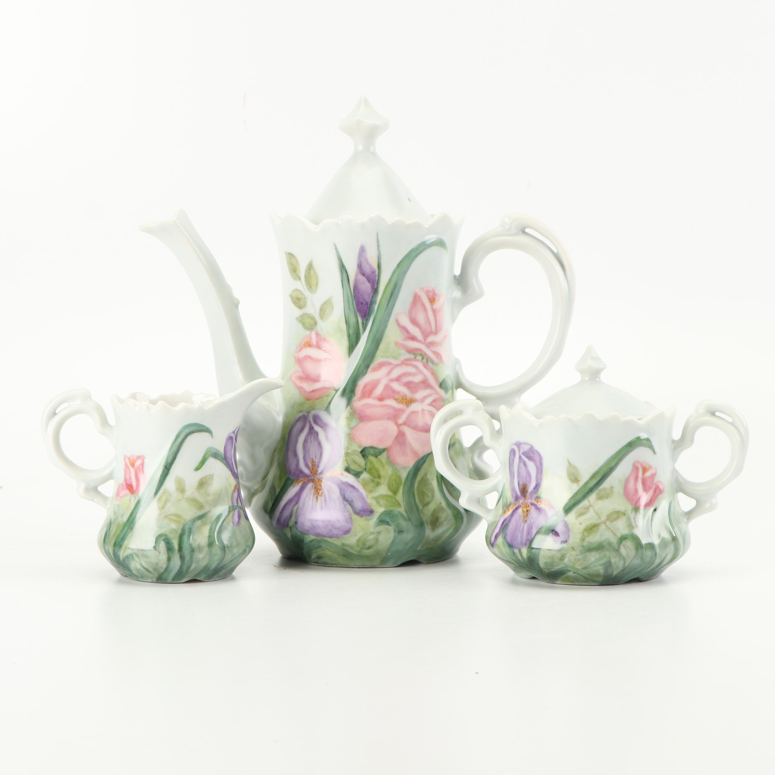 Hobbyist Painted Porcelain Coffee Pot with Creamer and Sugar, 1987