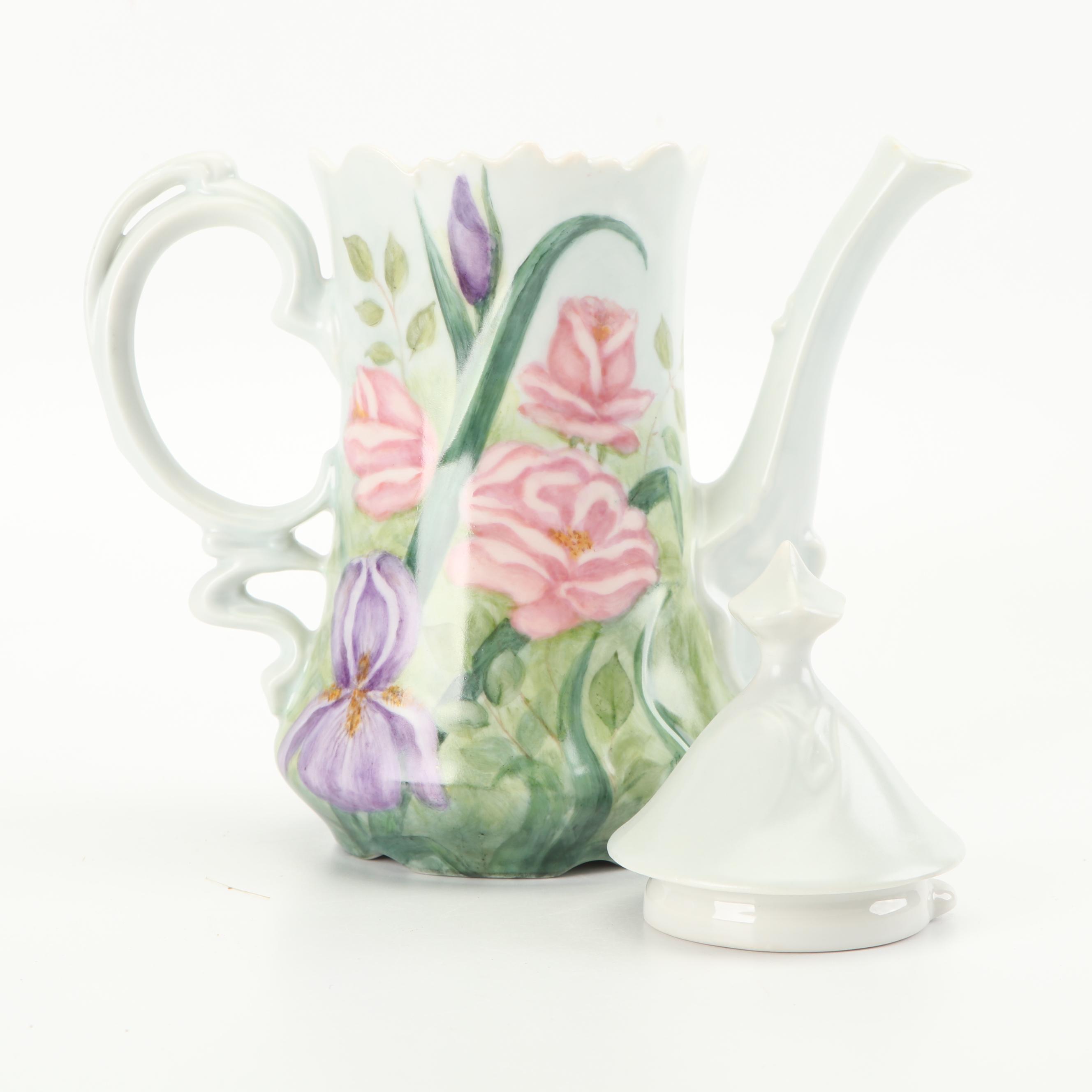 Hobbyist Painted Porcelain Coffee Pot with Creamer and Sugar, 1987