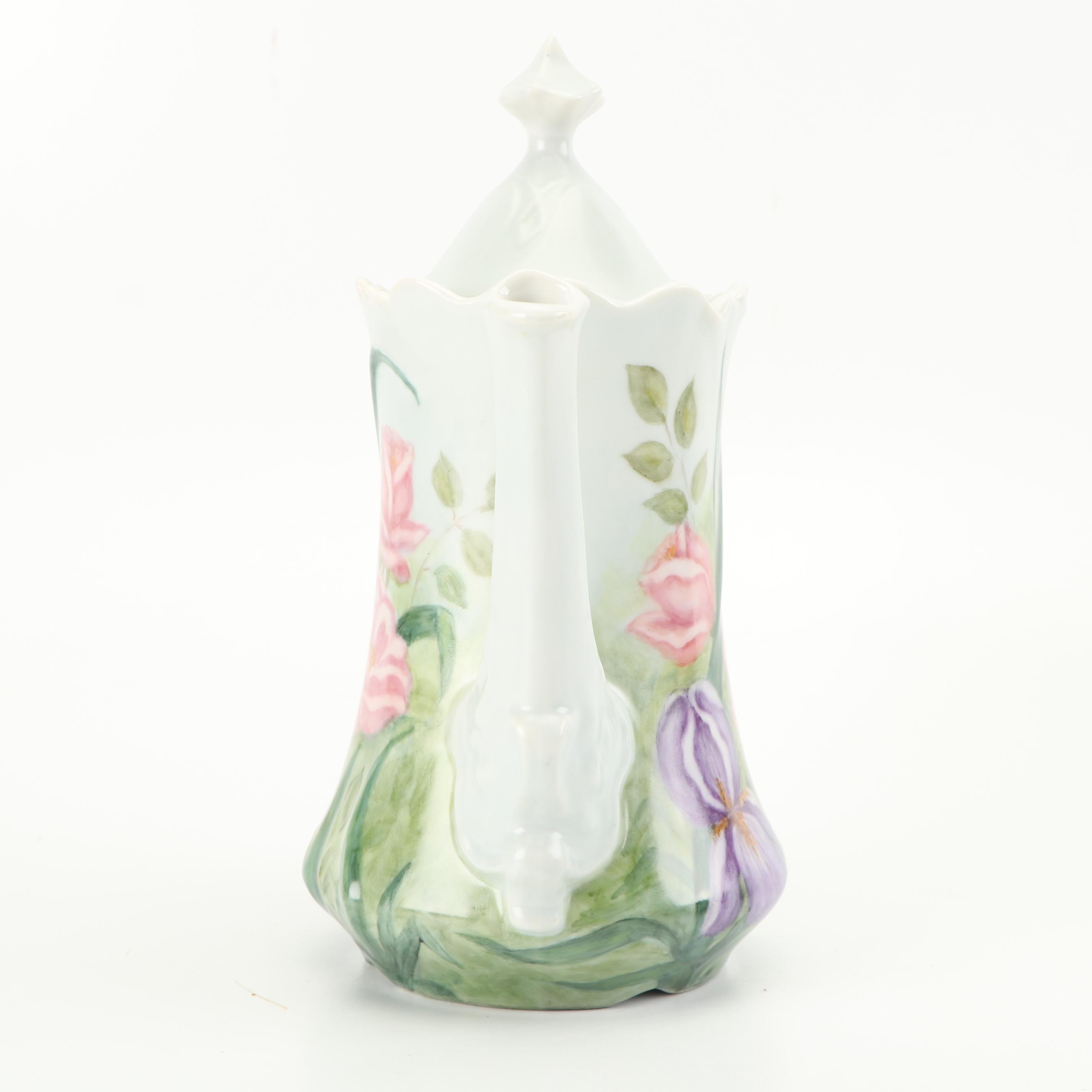 Hobbyist Painted Porcelain Coffee Pot with Creamer and Sugar, 1987