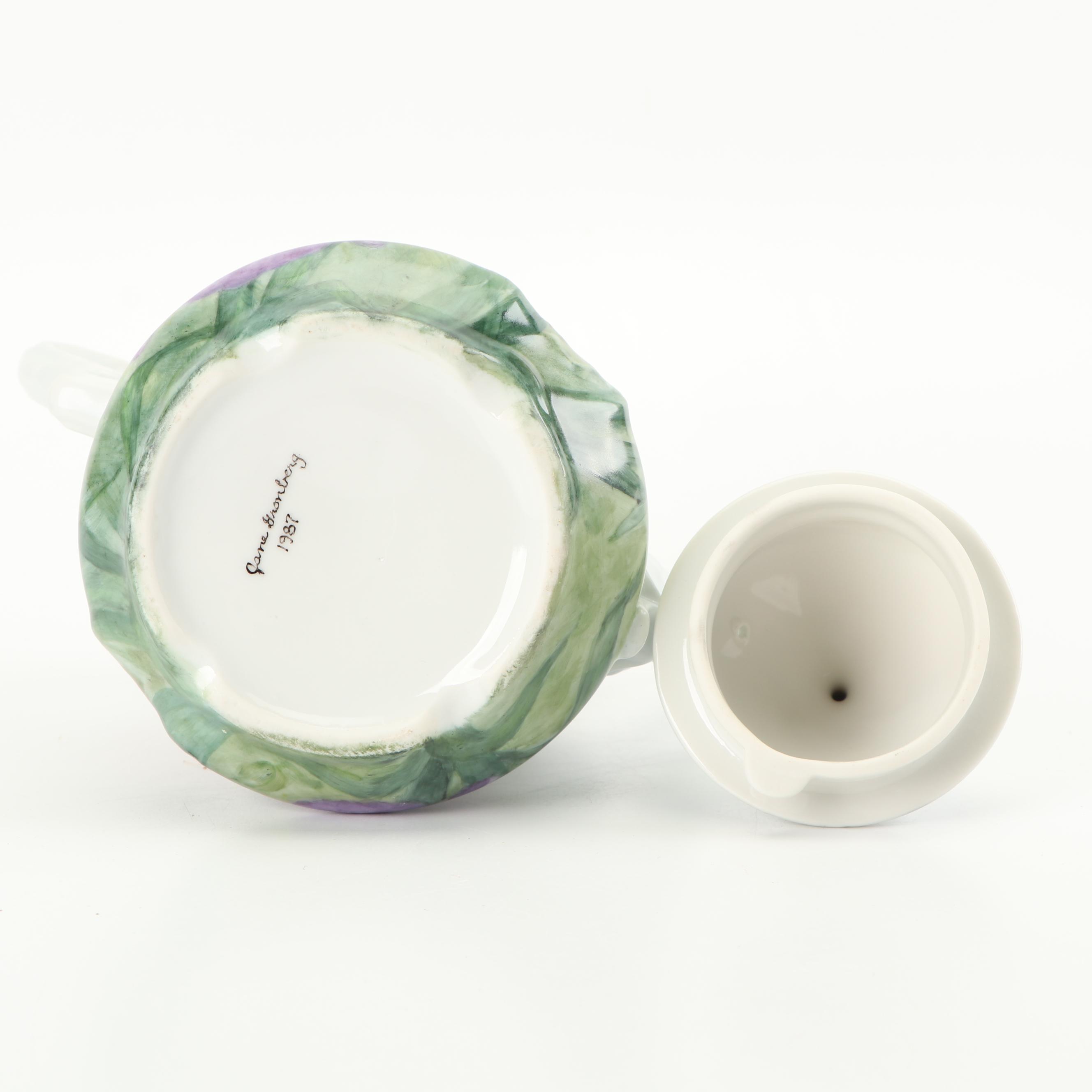 Hobbyist Painted Porcelain Coffee Pot with Creamer and Sugar, 1987