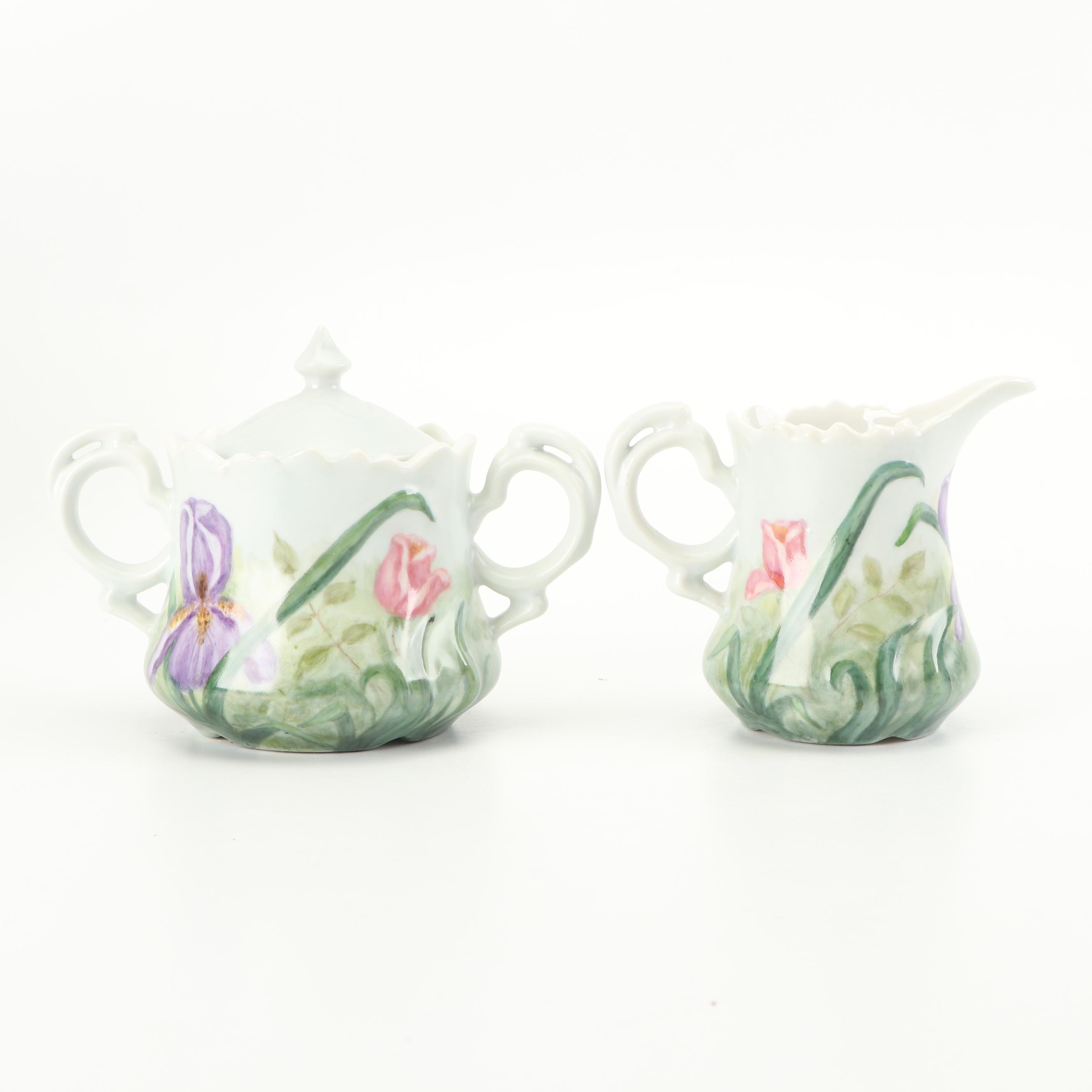 Hobbyist Painted Porcelain Coffee Pot with Creamer and Sugar, 1987