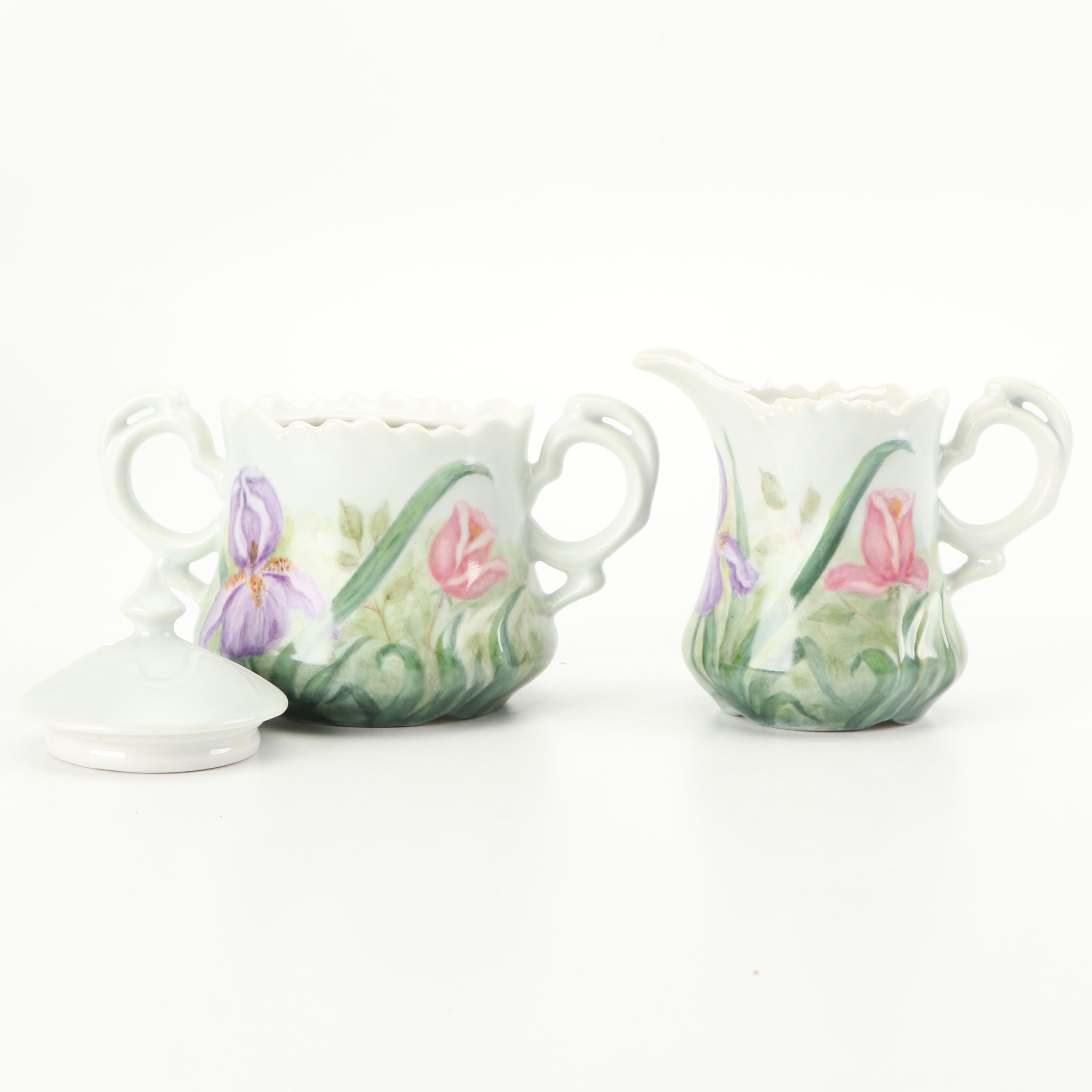 Hobbyist Painted Porcelain Coffee Pot with Creamer and Sugar, 1987