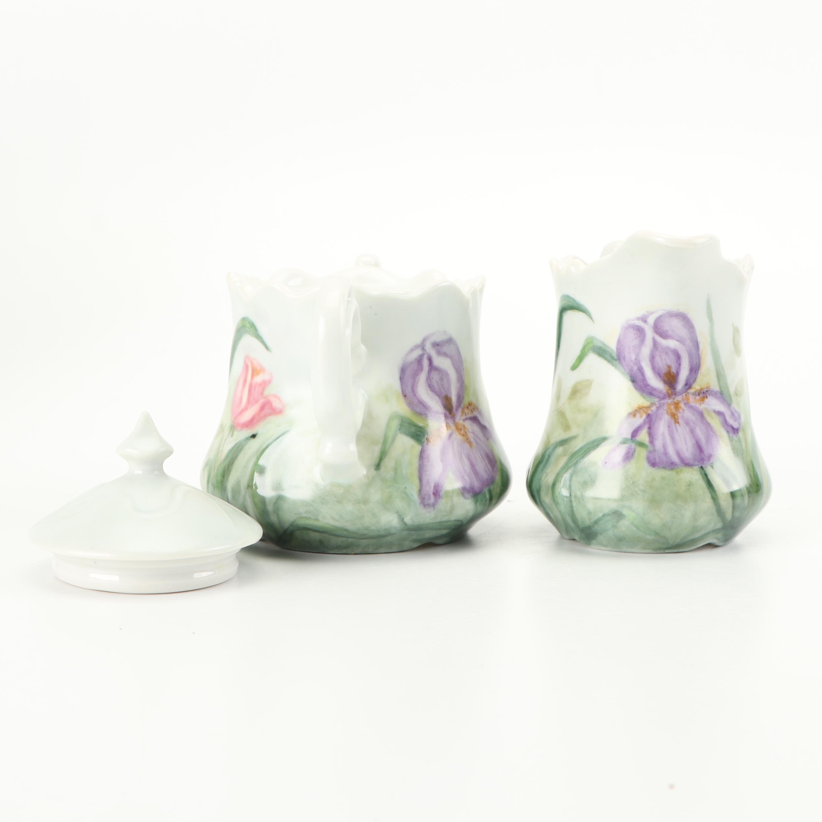 Hobbyist Painted Porcelain Coffee Pot with Creamer and Sugar, 1987