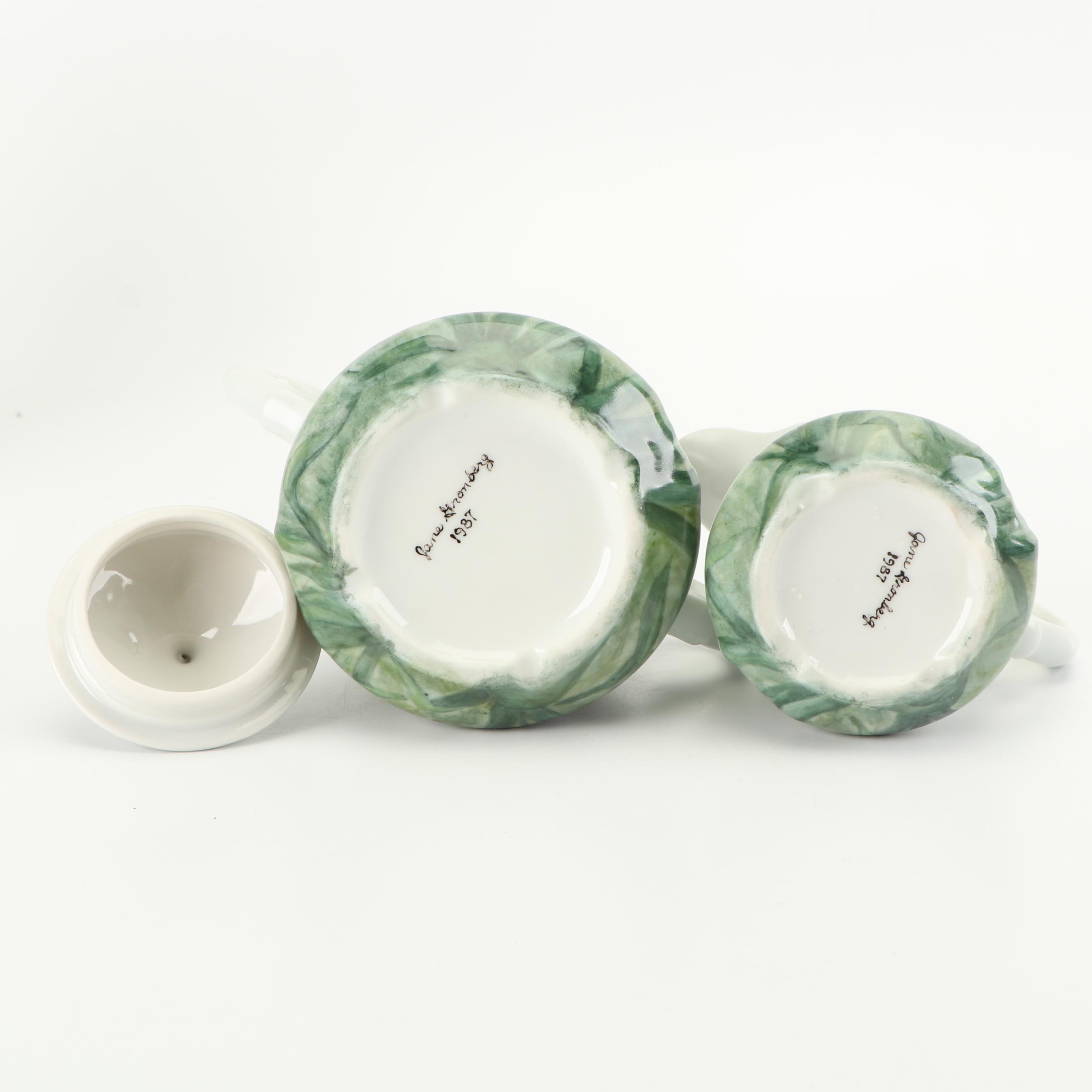 Hobbyist Painted Porcelain Coffee Pot with Creamer and Sugar, 1987