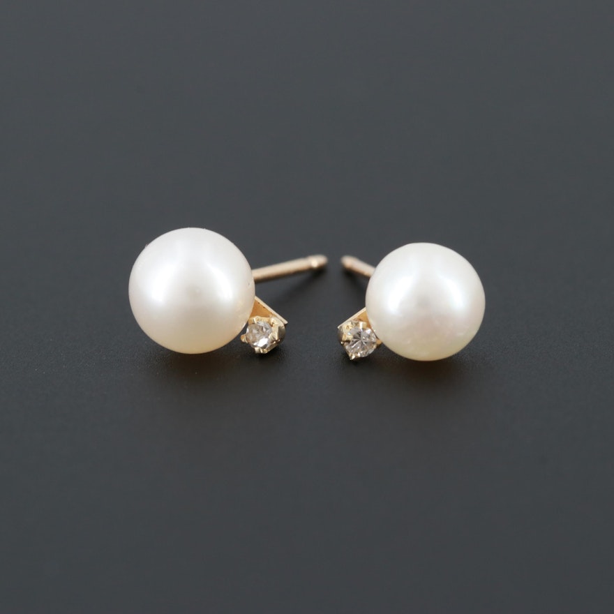 10K Yellow Gold Cultured Pearl and Diamond Stud Earrings