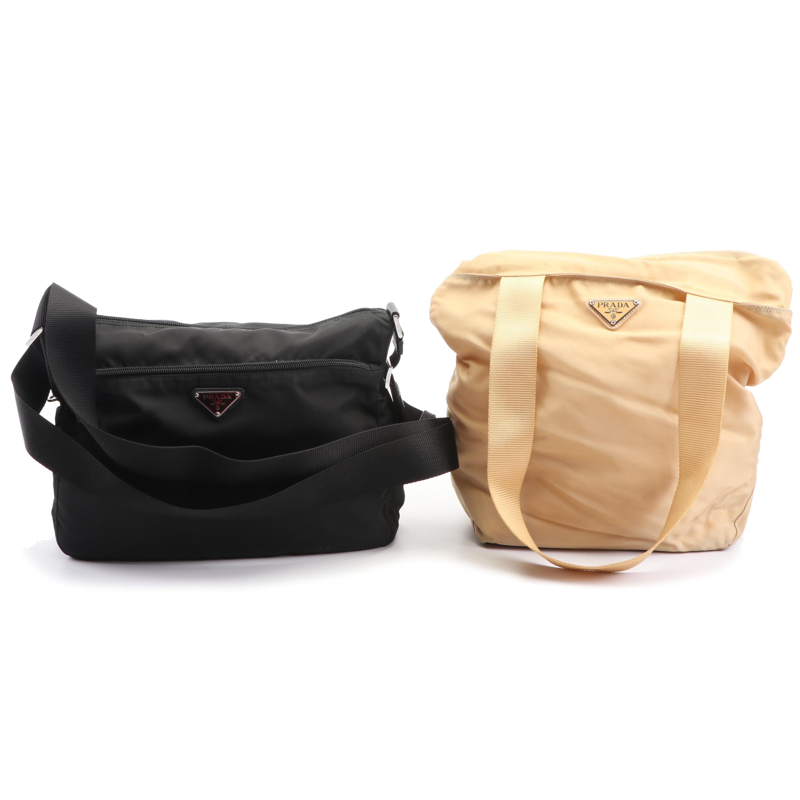 Prada Vela Nylon Black and Beige Handbags, Made in Italy