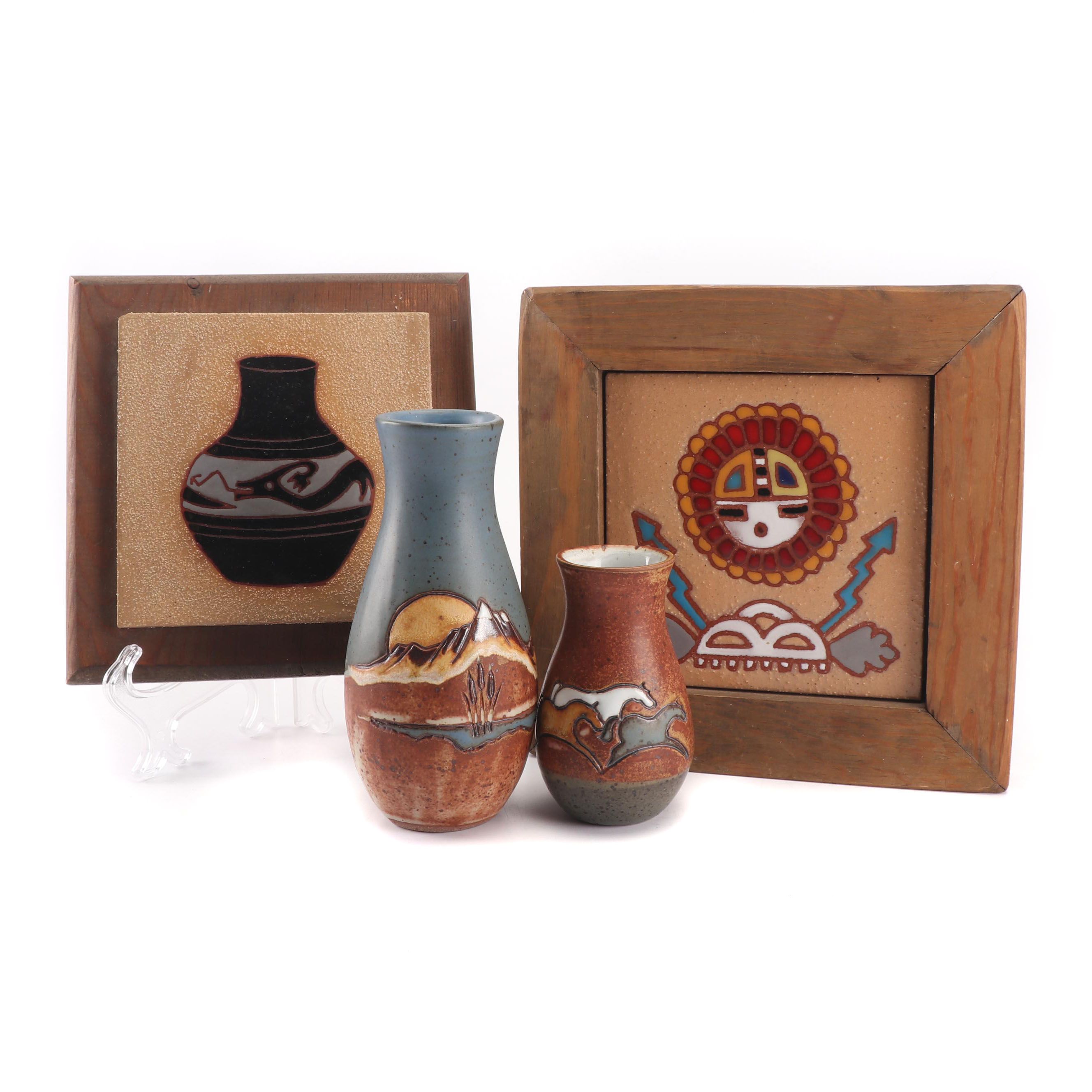 Native American Inspired Pottery and Sand Paintings Including Winterhawk Vases