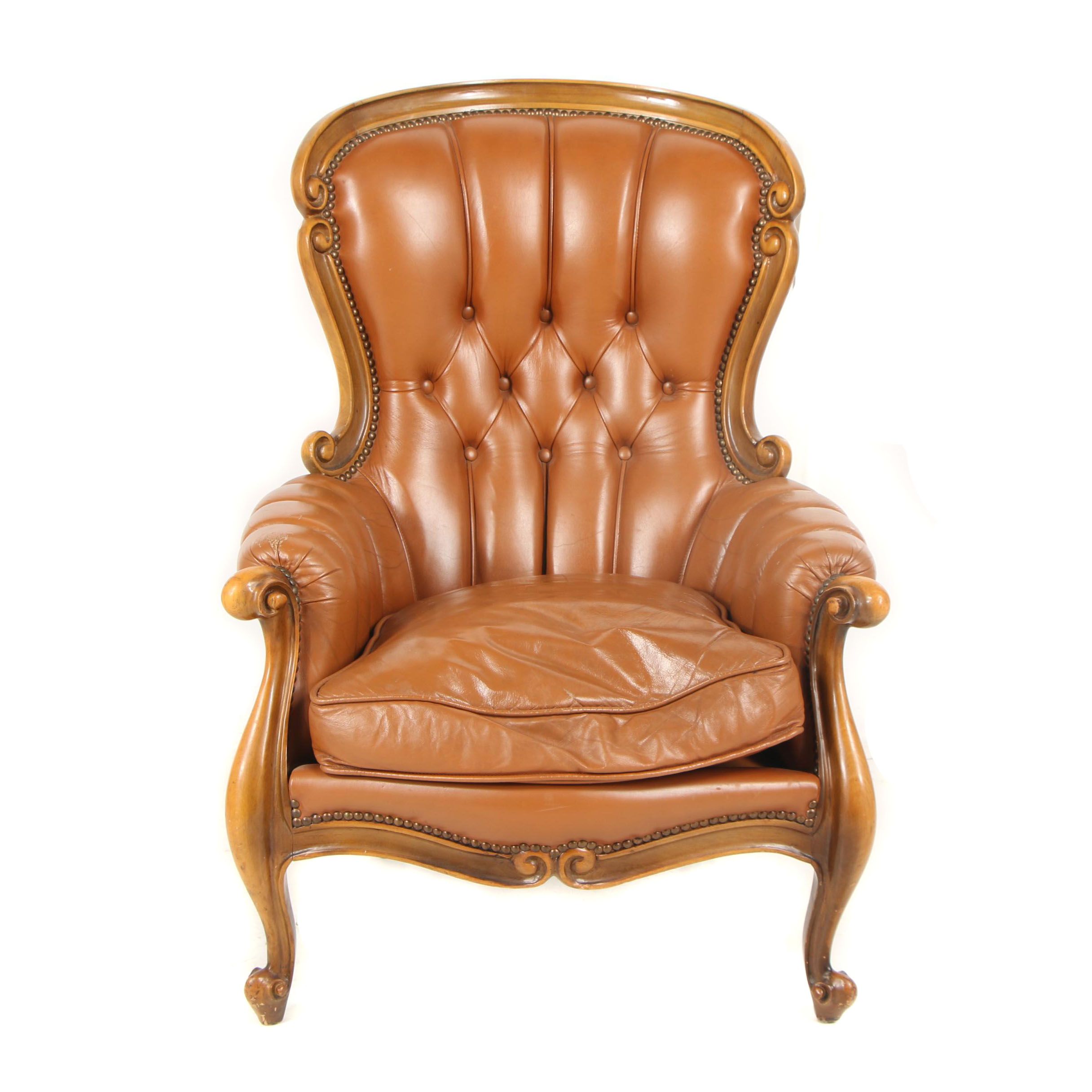 Louis XV Style Button-Tufted Faux Leather Upholstered Armchair, Late 20th C.