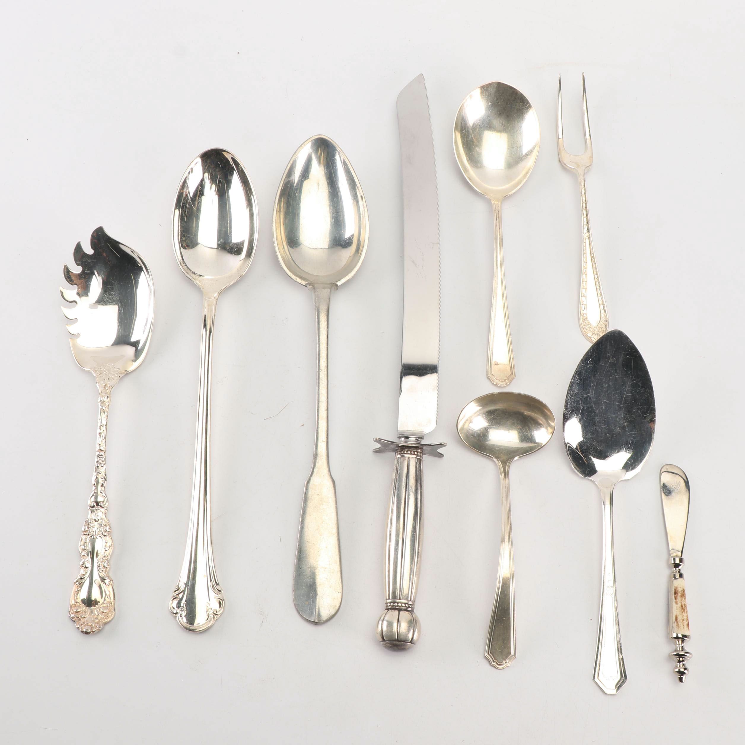 Gorham "Imperial Chrysanthemum" Macaroni Server with Other Silver Plate Utensils