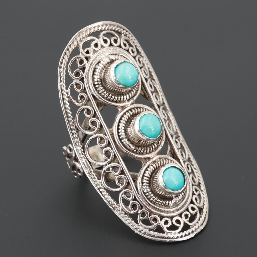 Royal Jaipur Style Sterling Silver Turquoise and Ruby Openwork Ring
