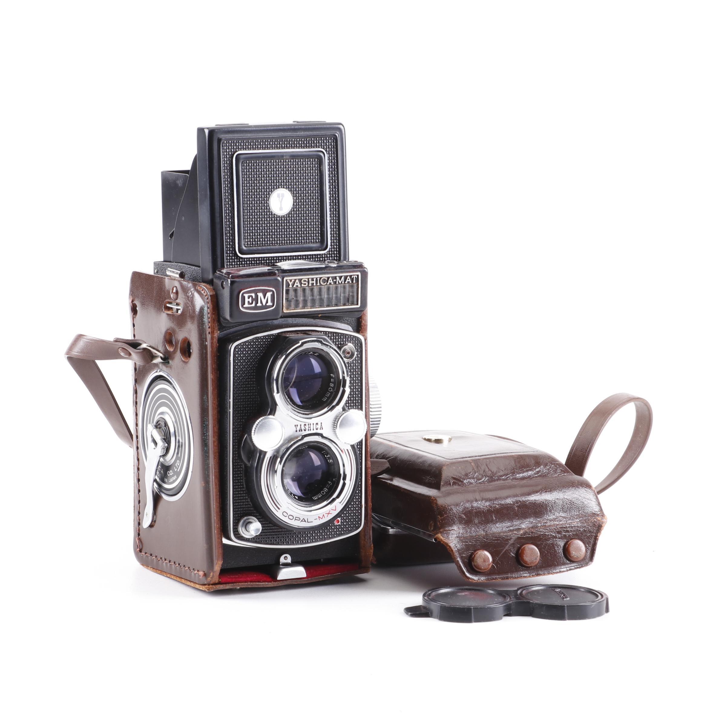 Yashica-Mat EM Twin Lens Reflex Crank Advance Camera in Case, 1960s