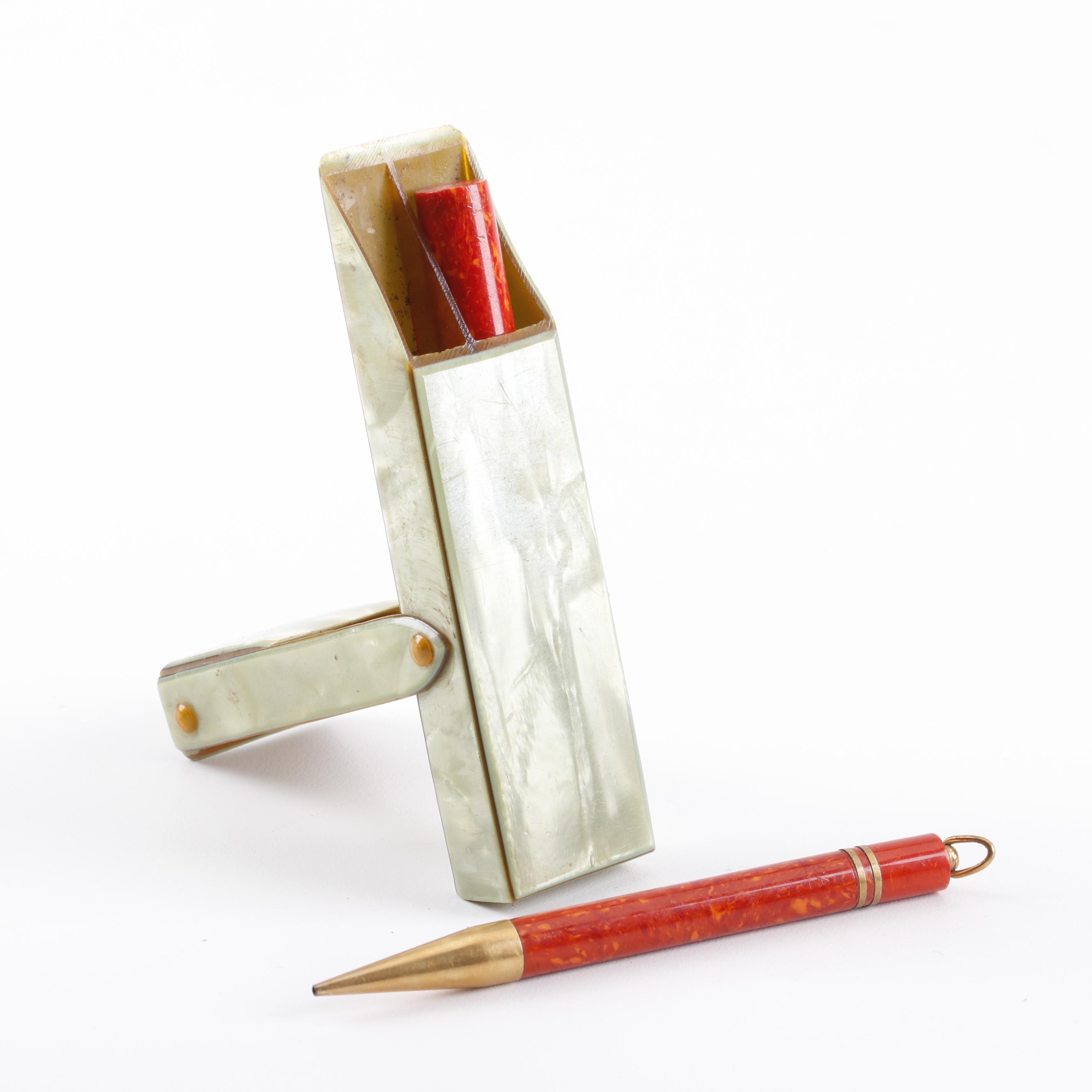 Carter's Celluoid Fountain Pen and Pencil Set in Pearltex Case, c. 1920s