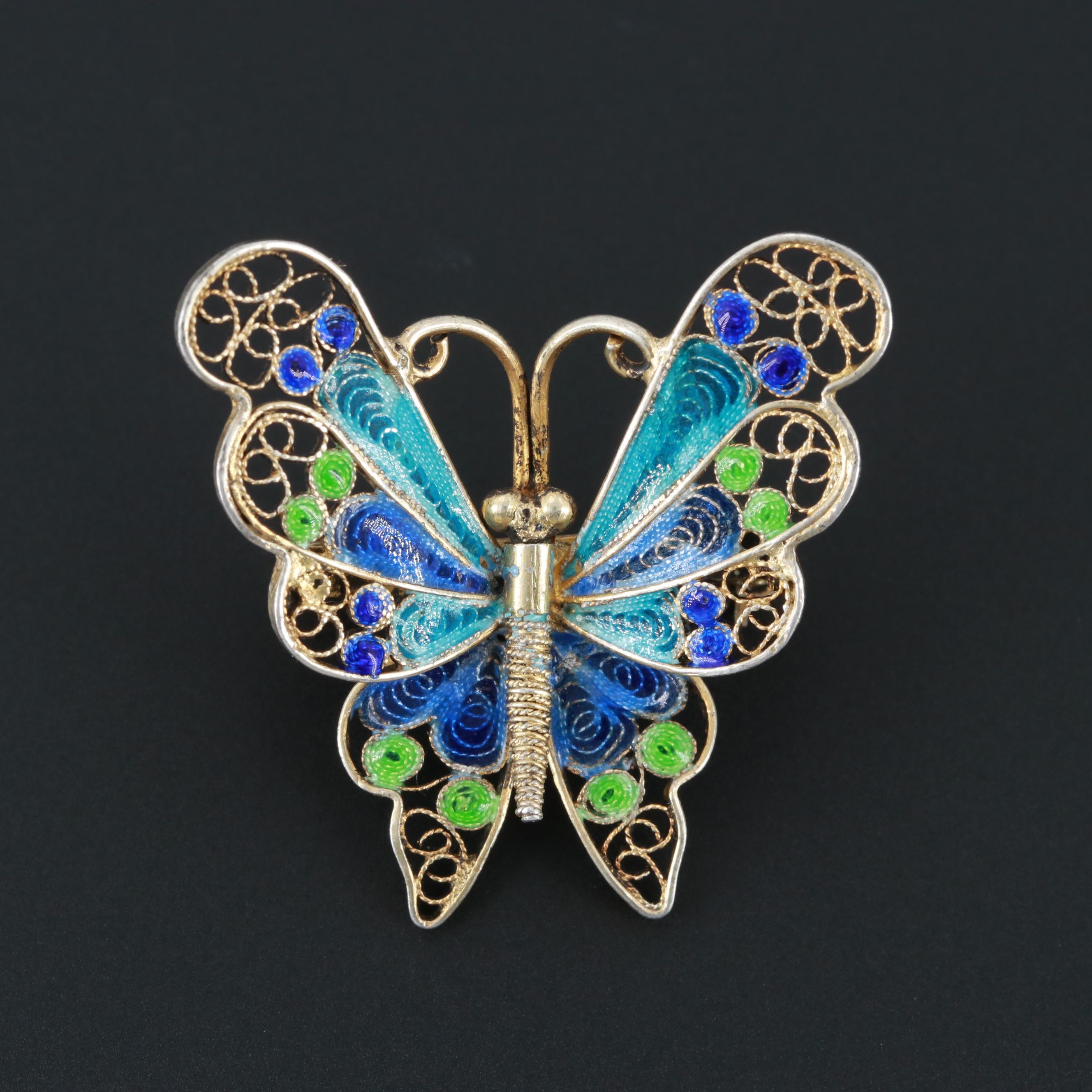 Vintage 800 Silver Enameled Filigree Butterfly Brooch