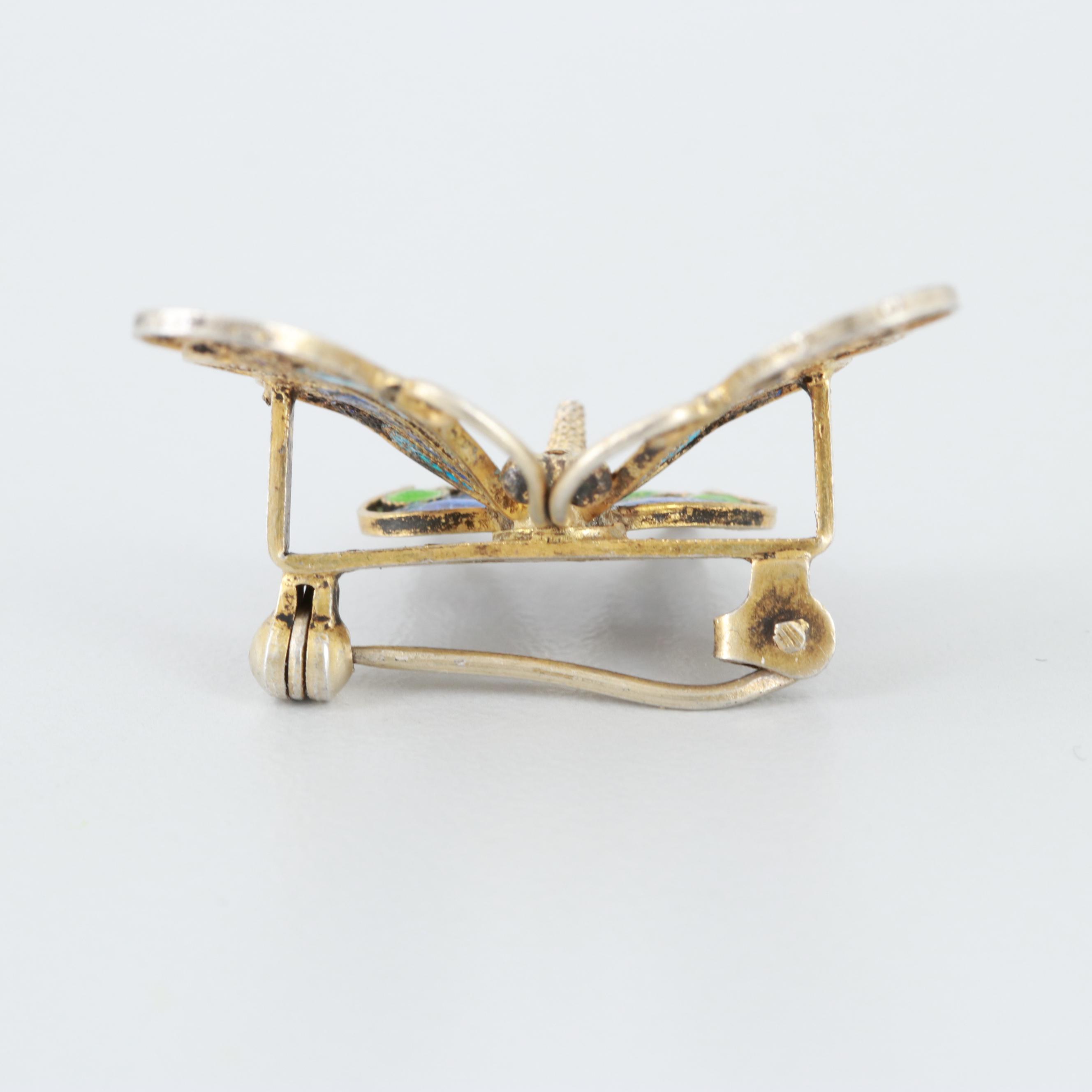 Vintage 800 Silver Enameled Filigree Butterfly Brooch