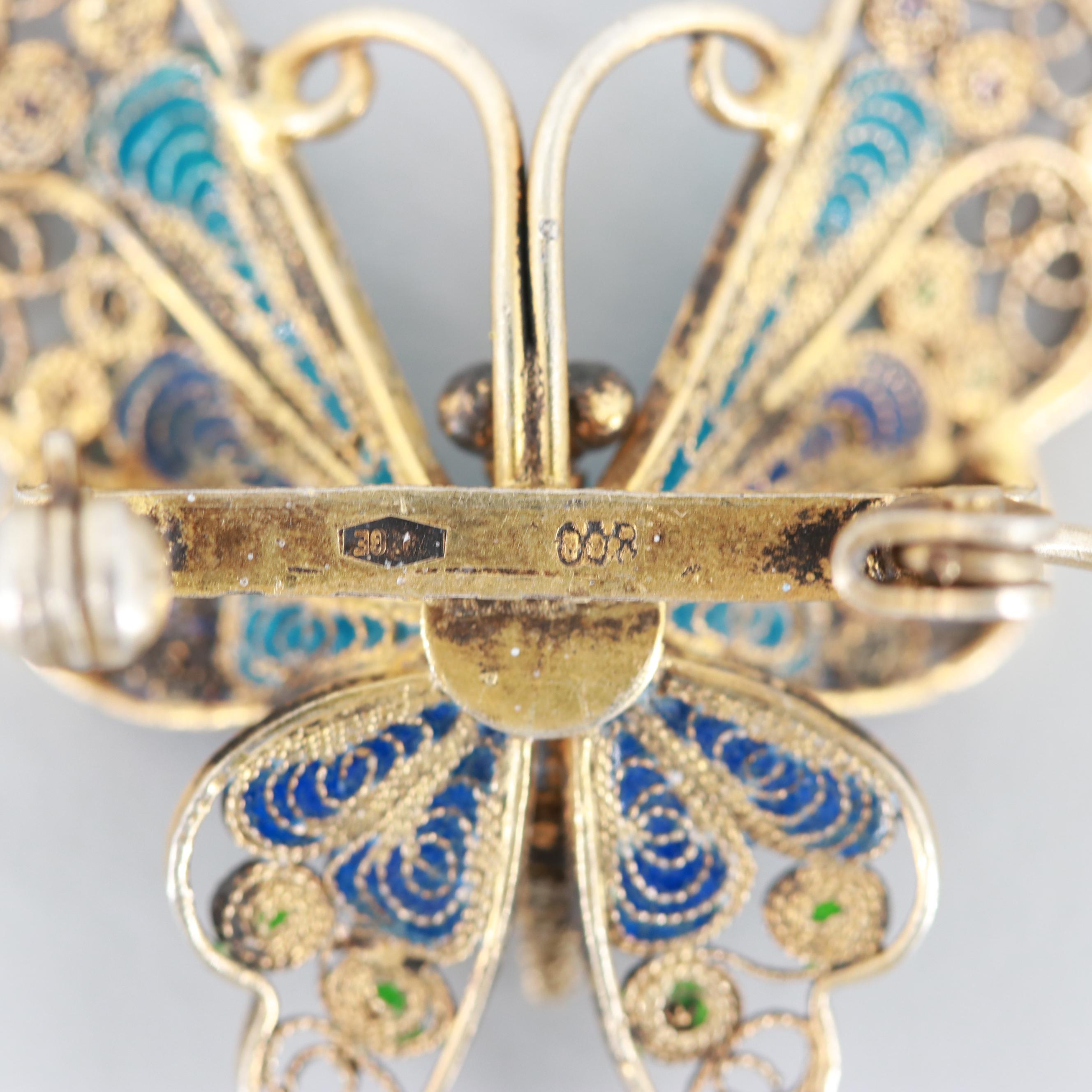 Vintage 800 Silver Enameled Filigree Butterfly Brooch