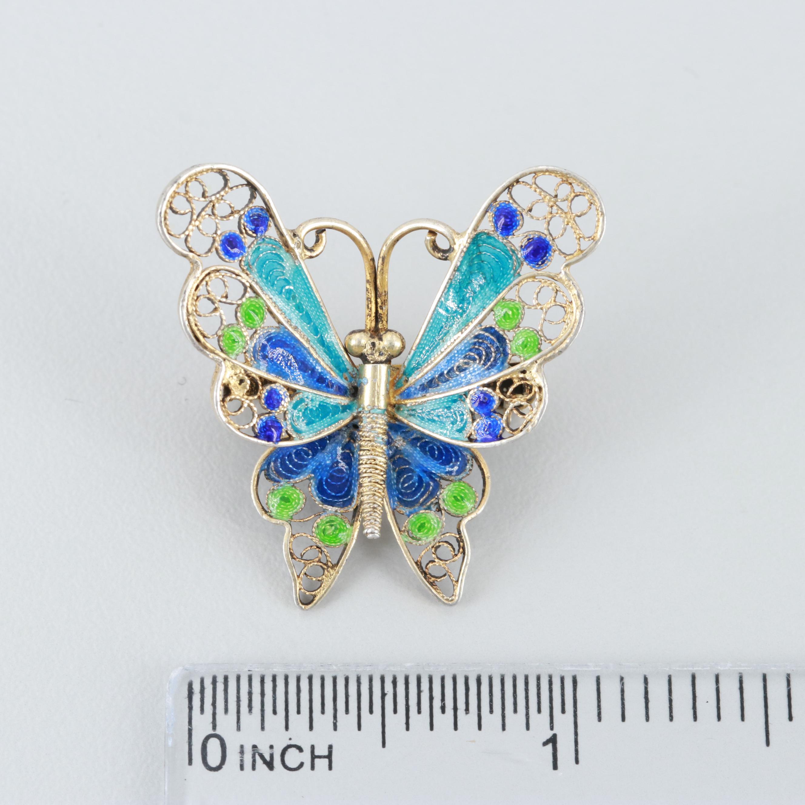 Vintage 800 Silver Enameled Filigree Butterfly Brooch
