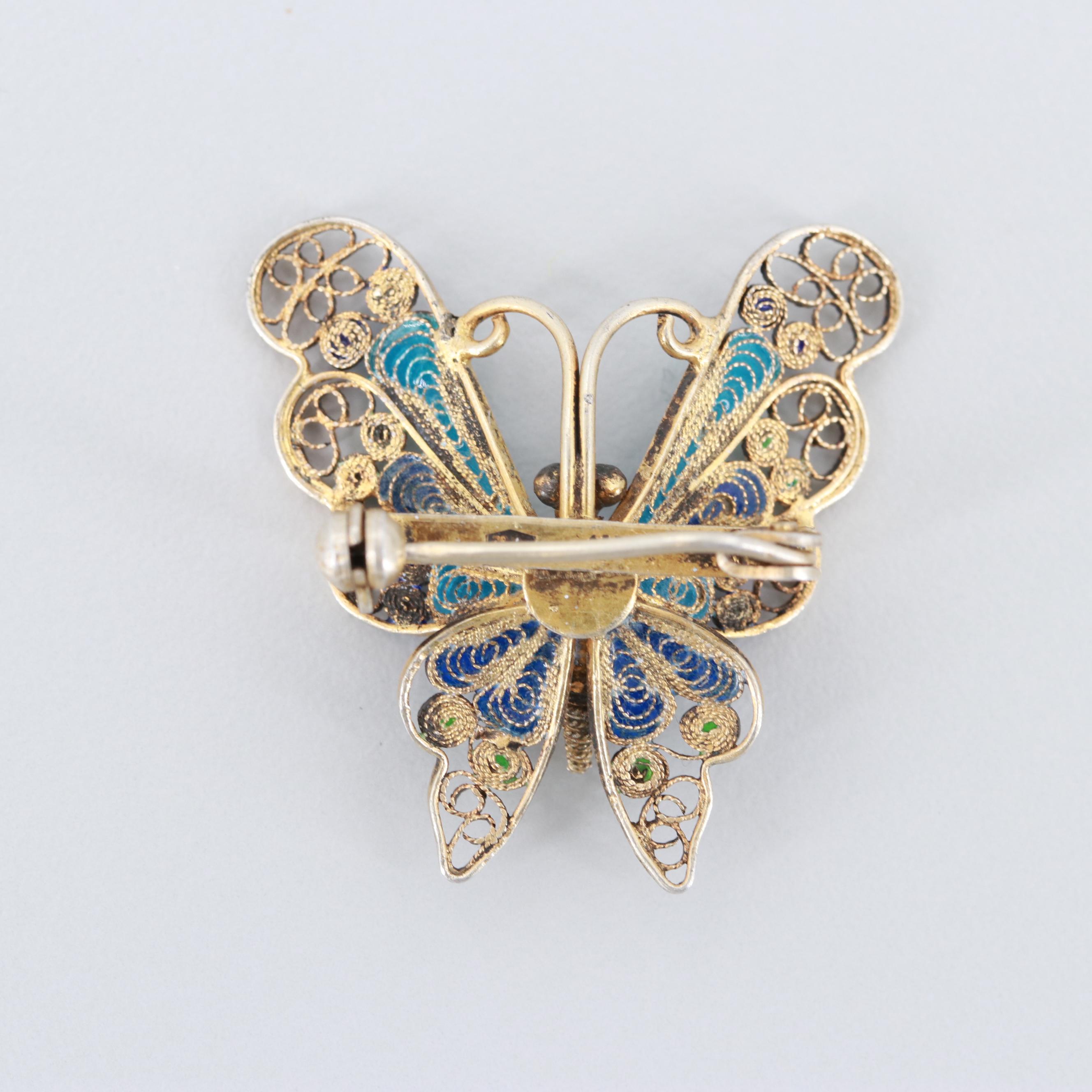 Vintage 800 Silver Enameled Filigree Butterfly Brooch