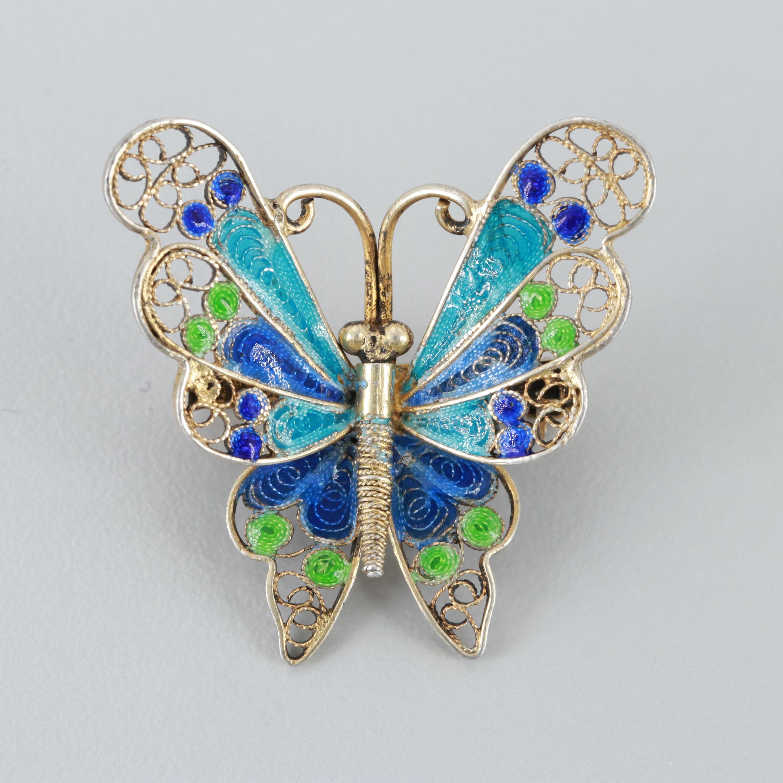 Vintage 800 Silver Enameled Filigree Butterfly Brooch