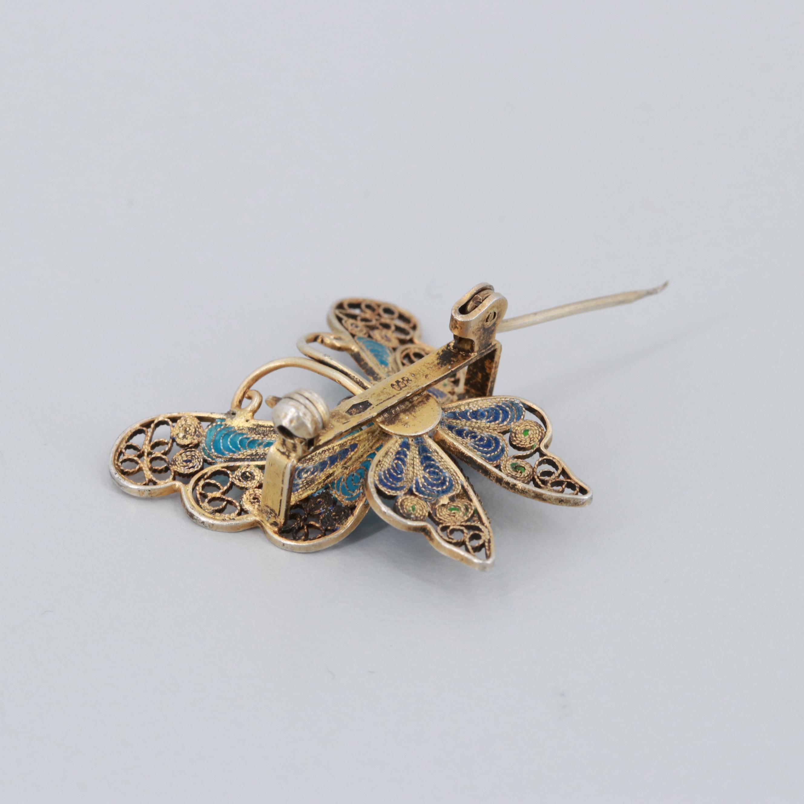 Vintage 800 Silver Enameled Filigree Butterfly Brooch
