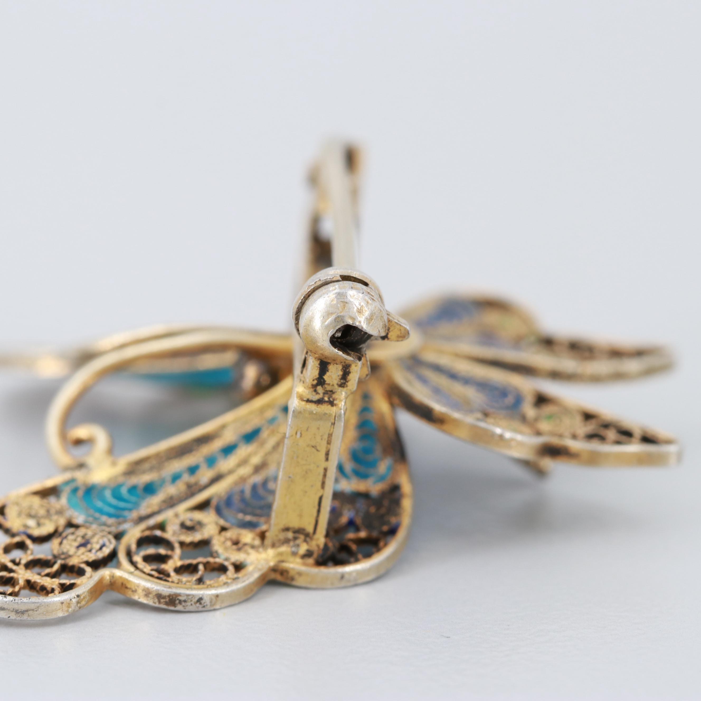 Vintage 800 Silver Enameled Filigree Butterfly Brooch