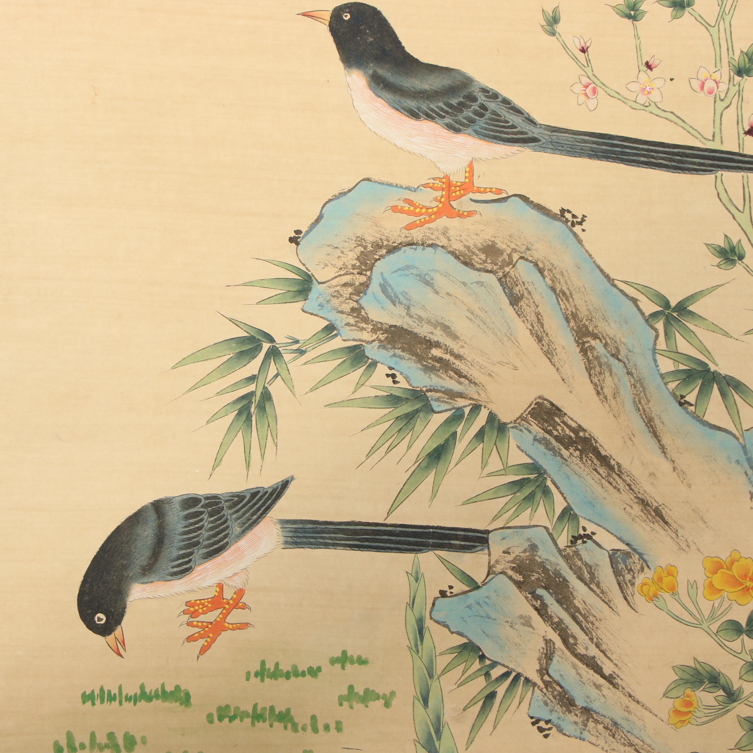 Watercolor and Ink Painted Hanging Scroll "Four Happinesses"