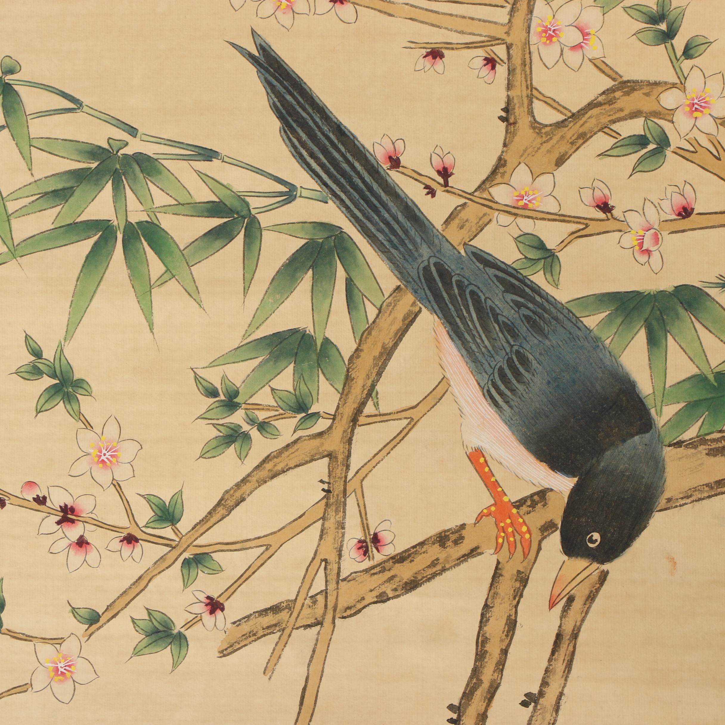 Watercolor and Ink Painted Hanging Scroll "Four Happinesses"