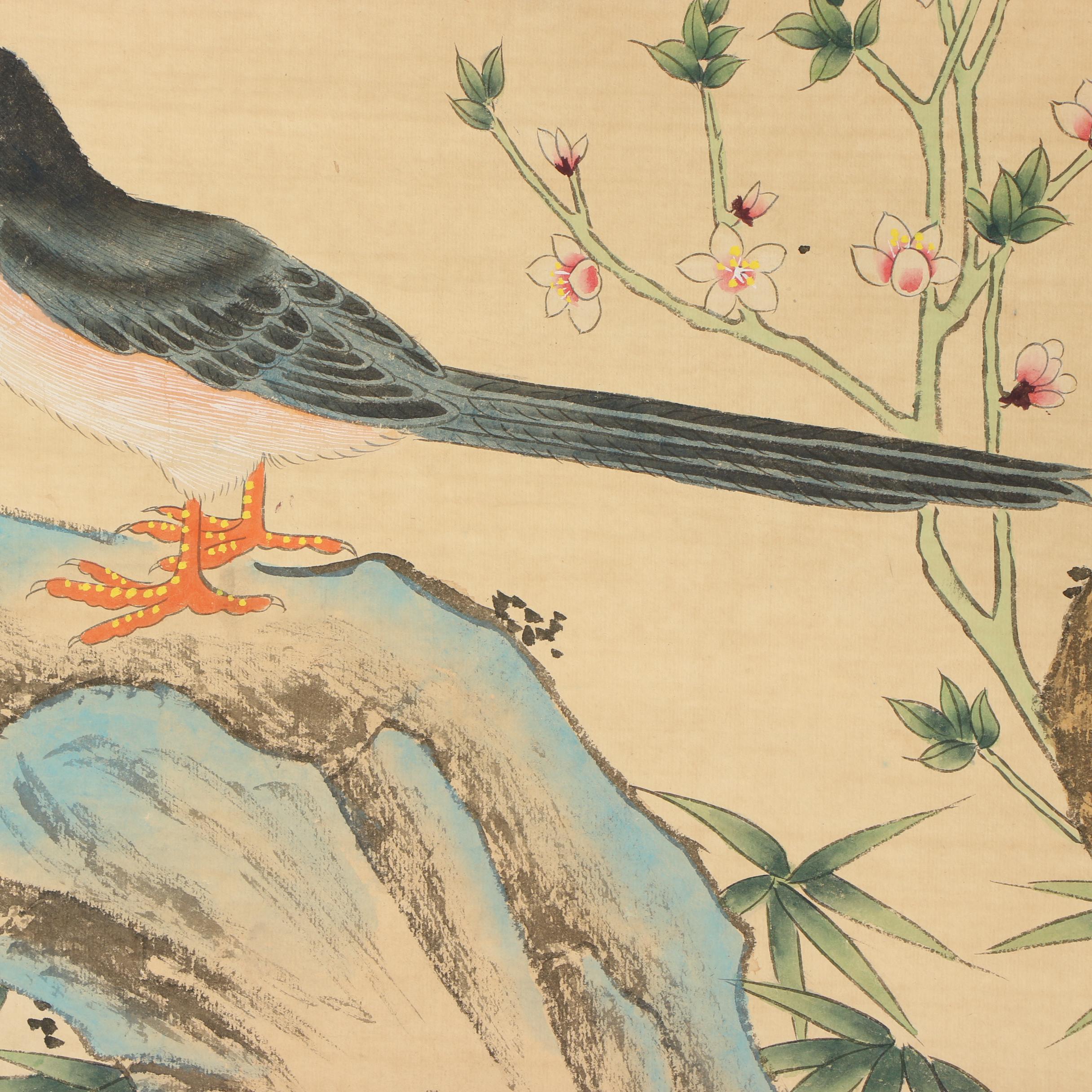 Watercolor and Ink Painted Hanging Scroll "Four Happinesses"