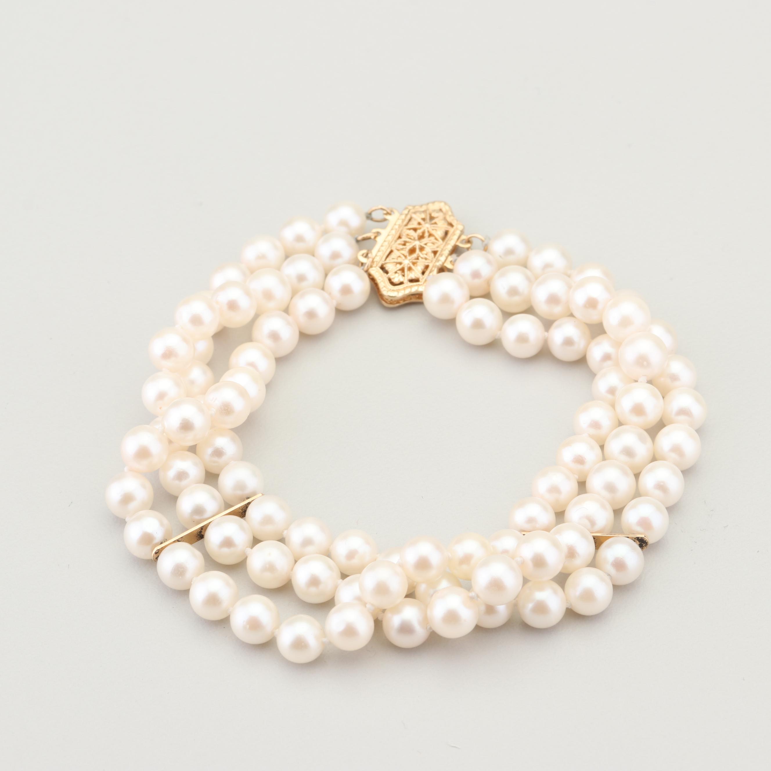 14K Yellow Gold Multi-Strand Akoya Pearl Bracelet