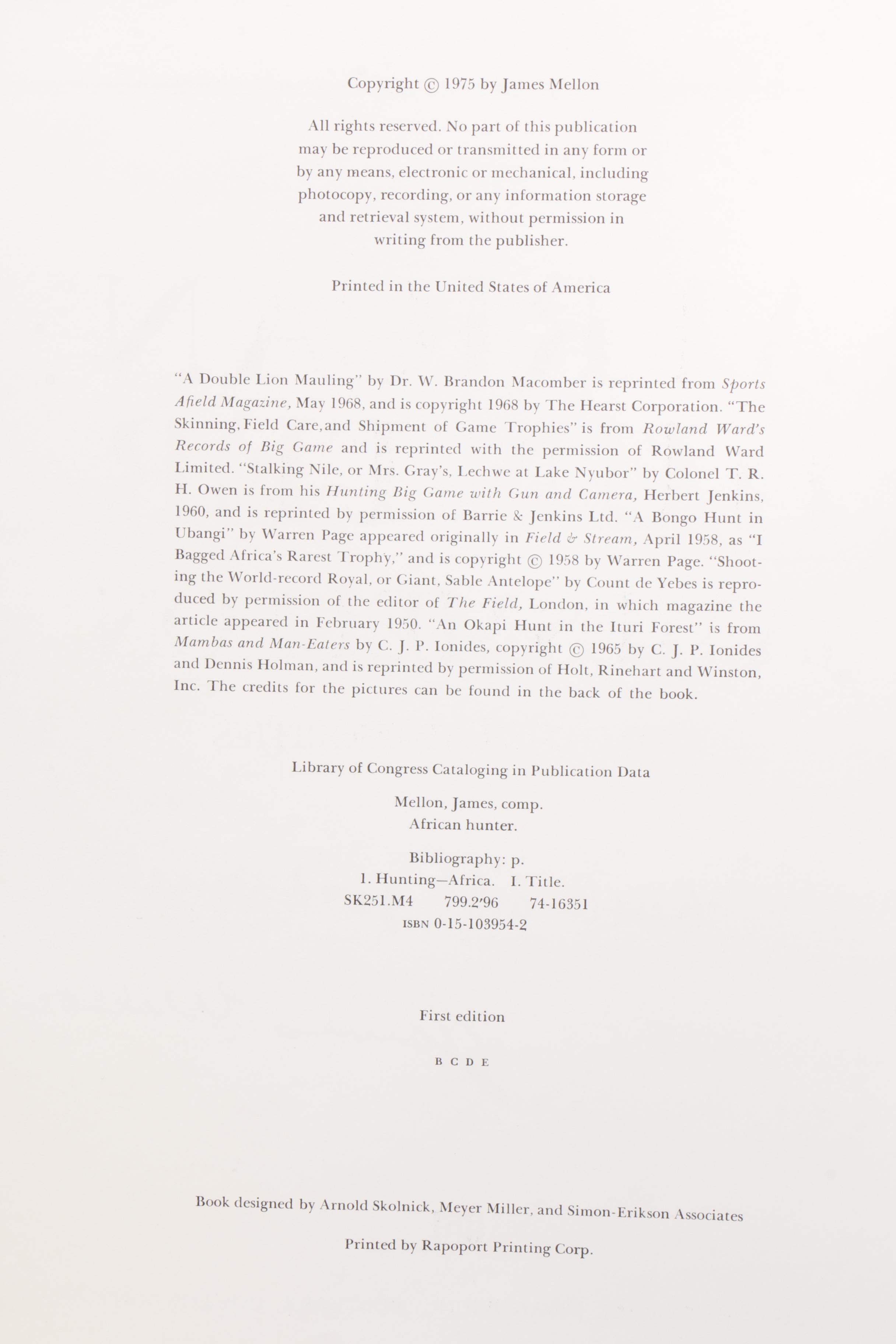 Hunting Books featuring First Edition "African Hunter" by James Mellon, 1975