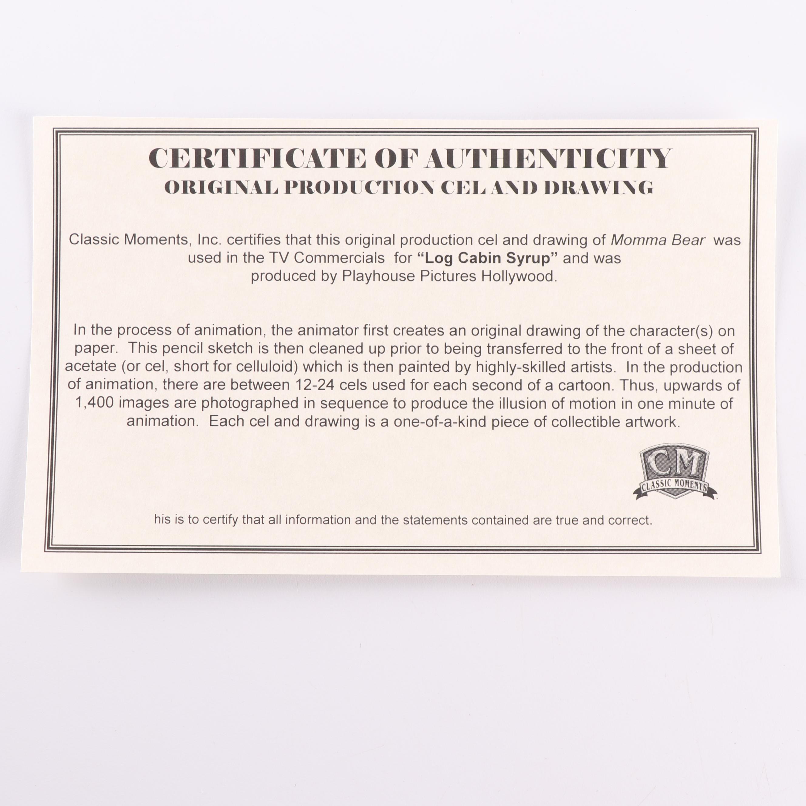 Log Cabin Syrup "Momma Bear" Original Hand Drawn Production Art and Cel