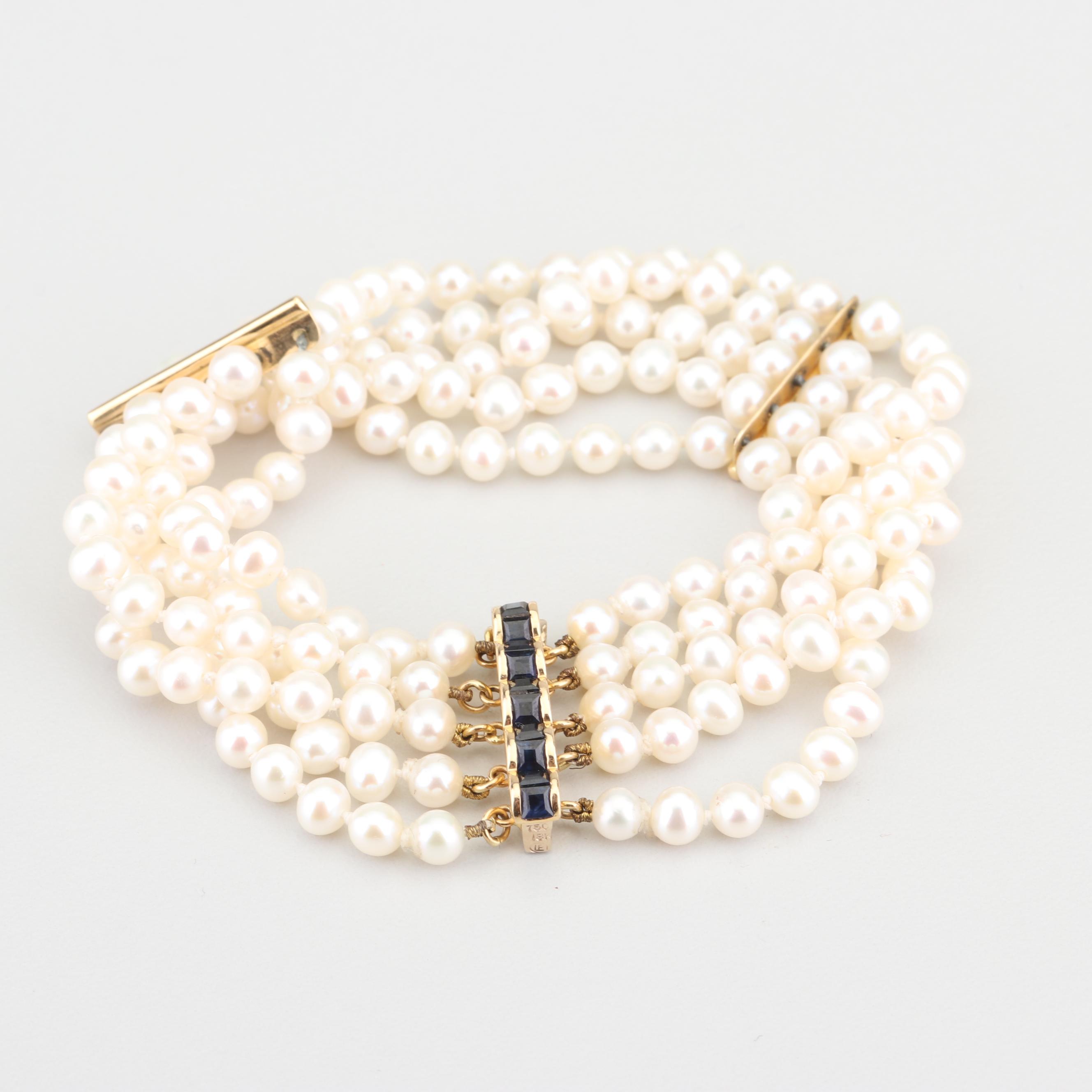 18K Yellow Gold Multi-Strand Pearl and Sapphire Bracelet