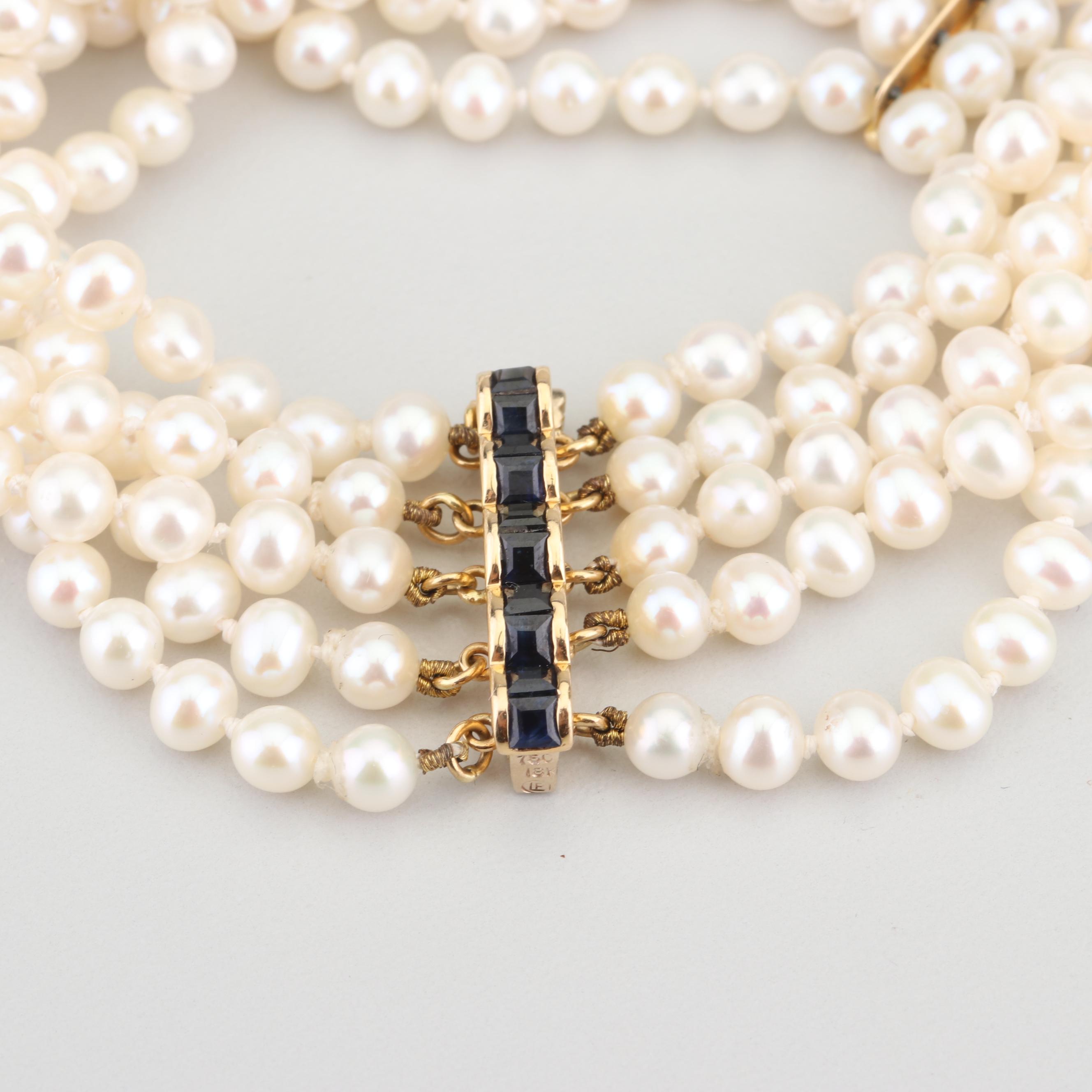 18K Yellow Gold Multi-Strand Pearl and Sapphire Bracelet