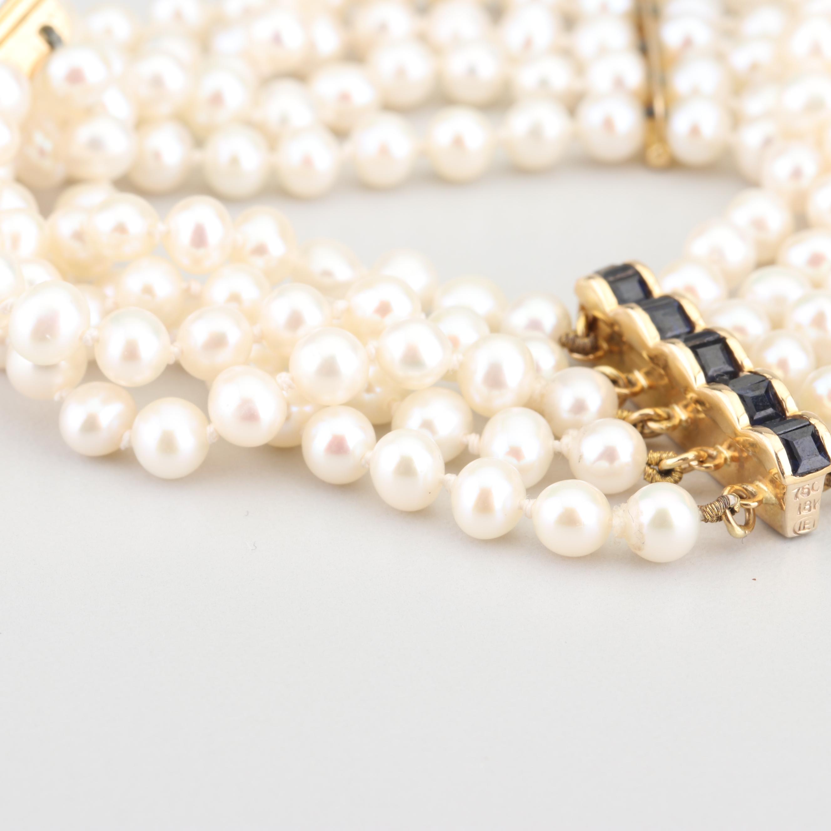 18K Yellow Gold Multi-Strand Pearl and Sapphire Bracelet