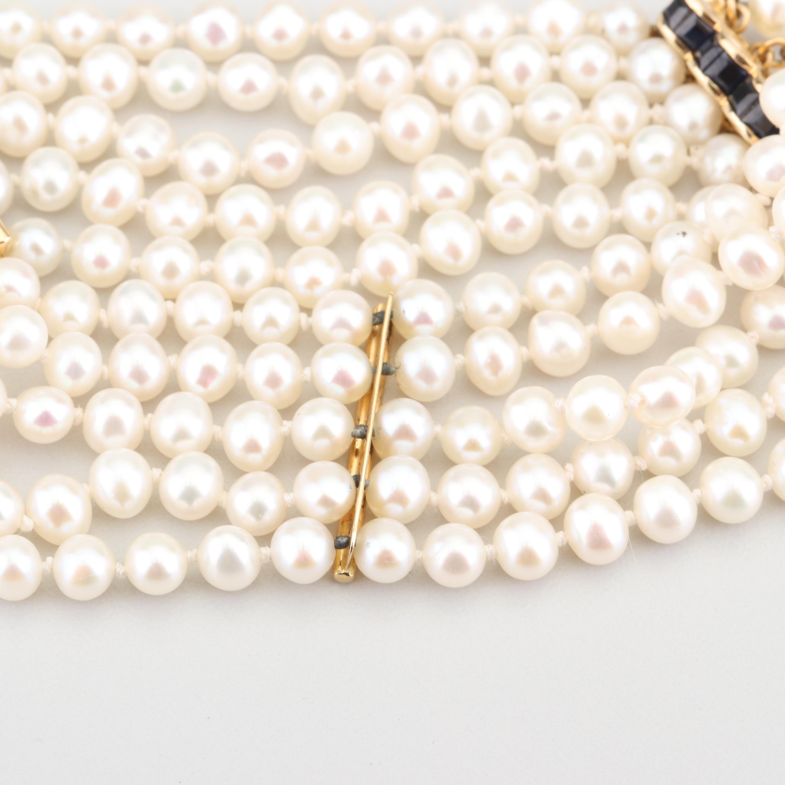18K Yellow Gold Multi-Strand Pearl and Sapphire Bracelet