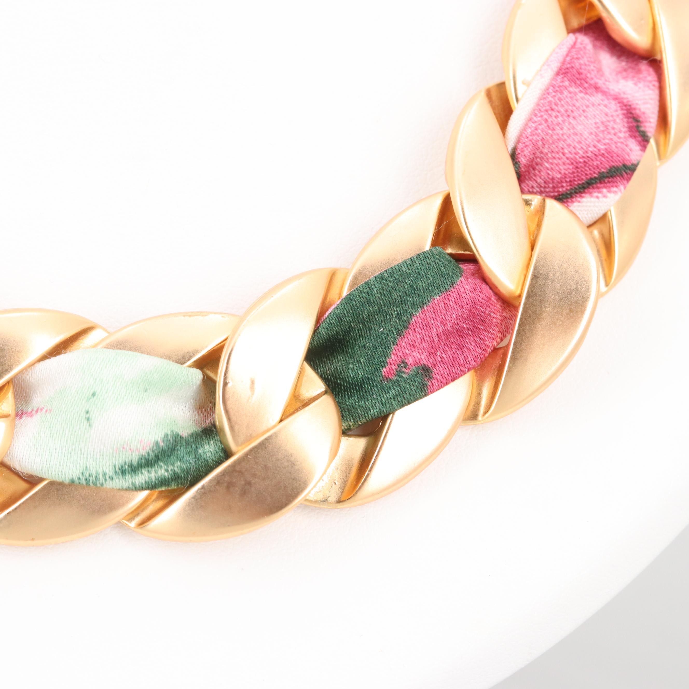 Chanel Rose Tone Curb Chain Choker and Bracelet Set with Interwoven Ribbon