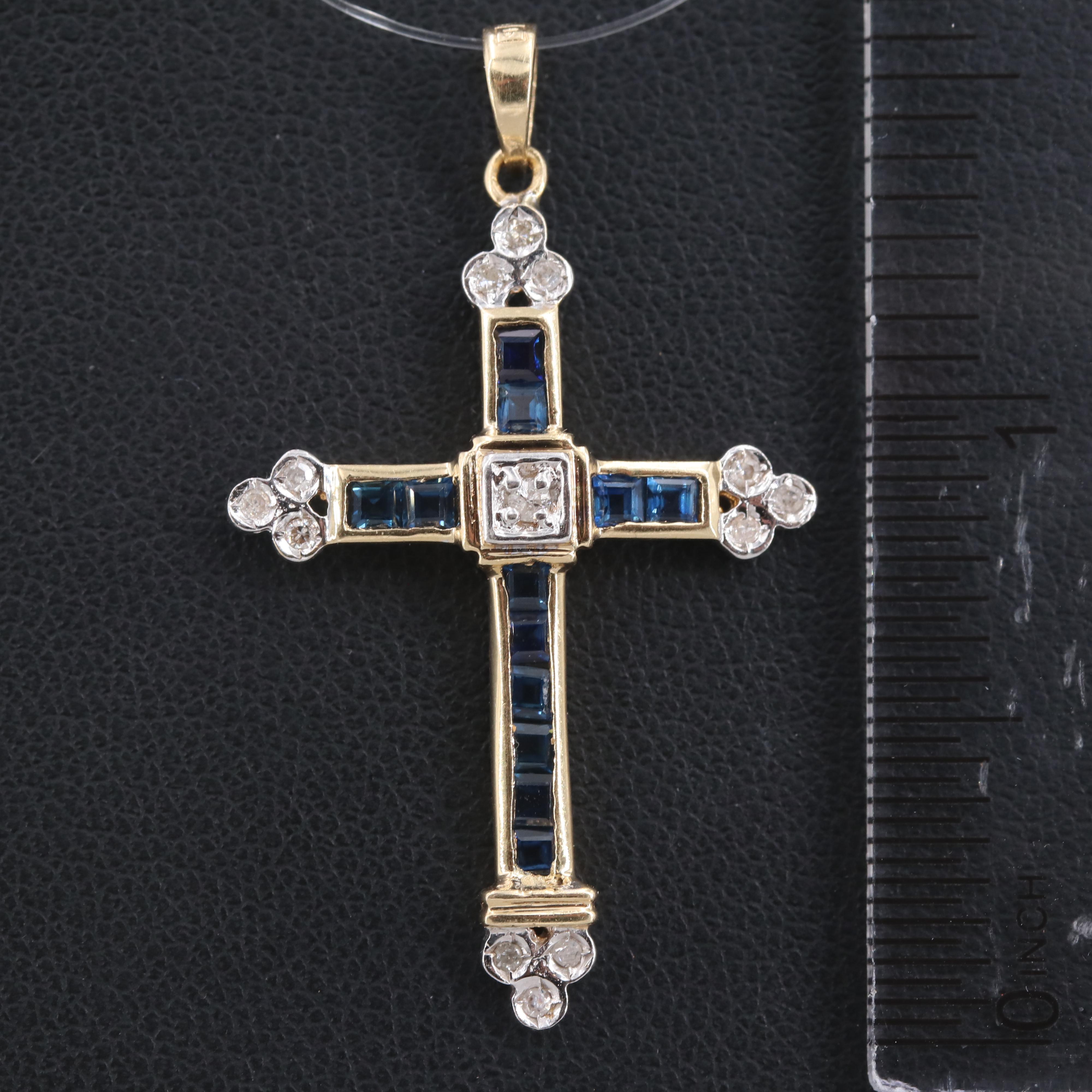 14K Yellow Gold Diamond and Sapphire Cross Pendant with White Gold Accents