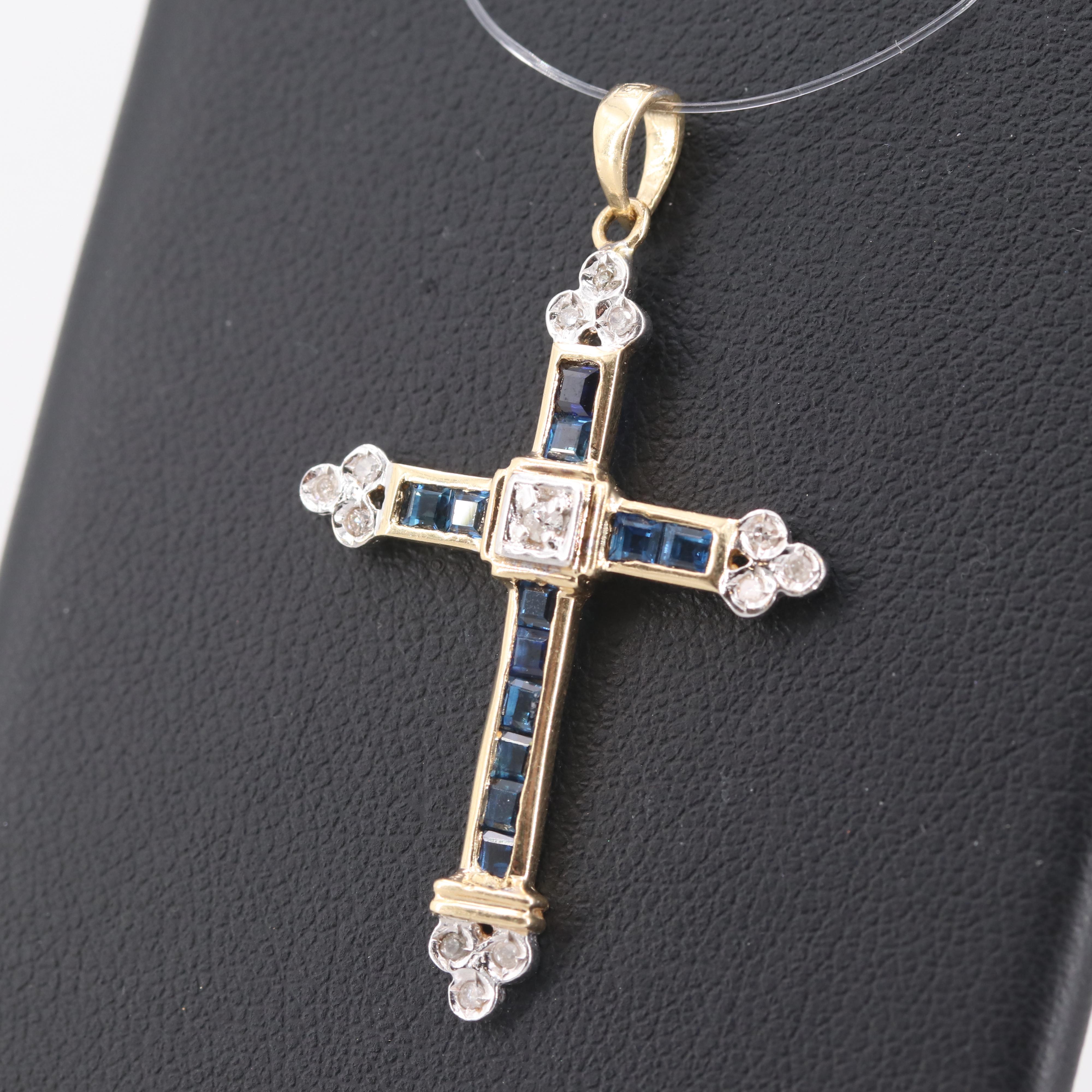 14K Yellow Gold Diamond and Sapphire Cross Pendant with White Gold Accents