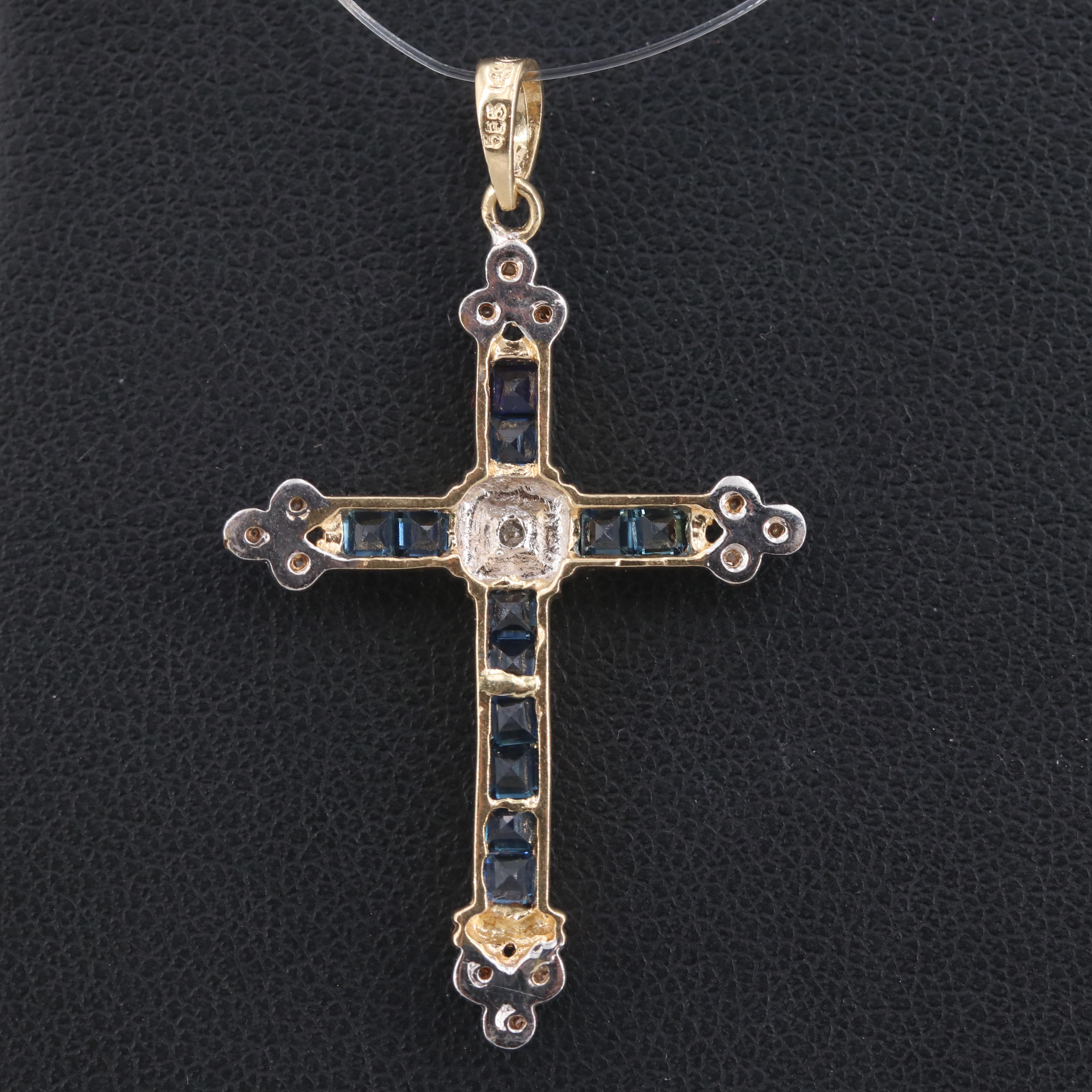14K Yellow Gold Diamond and Sapphire Cross Pendant with White Gold Accents