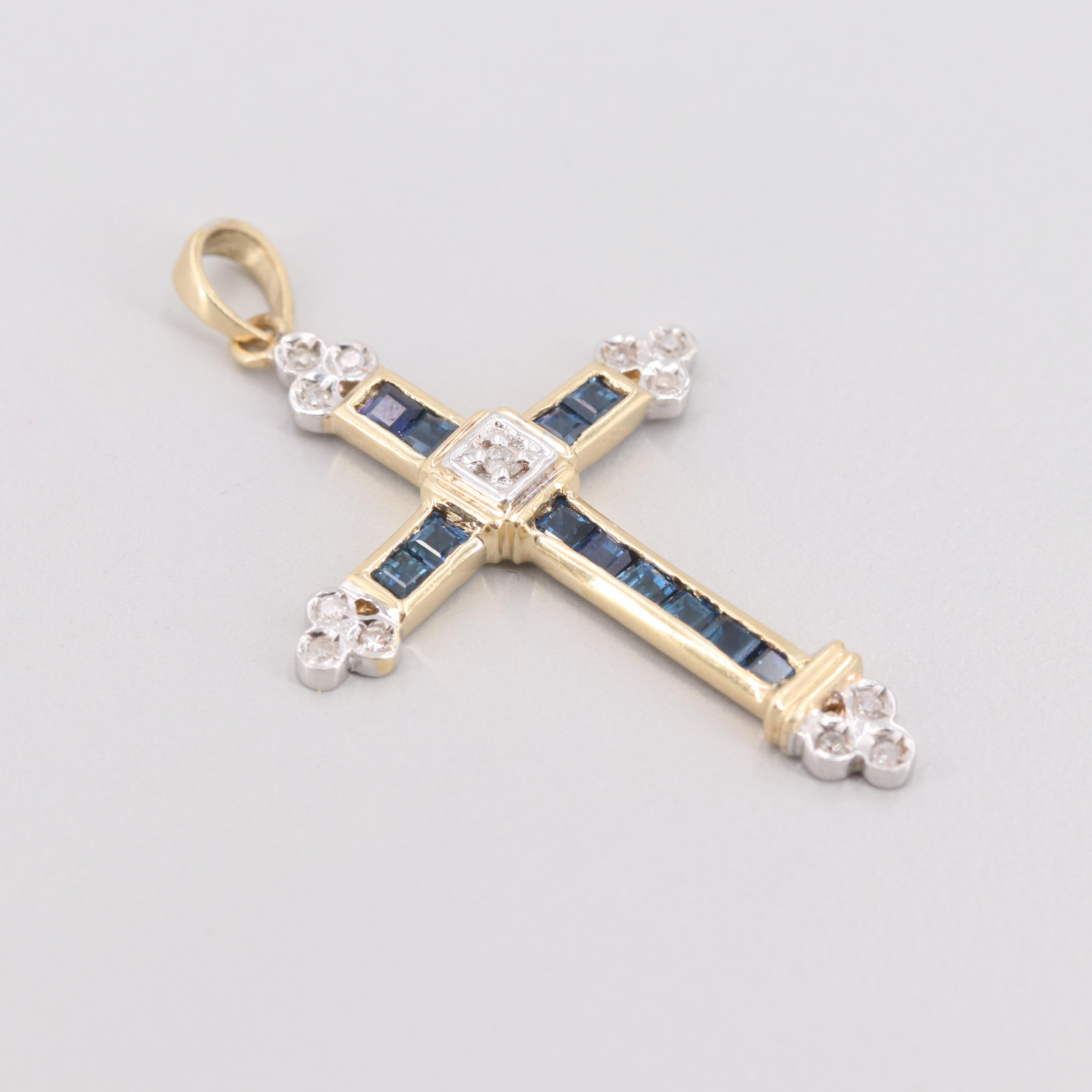 14K Yellow Gold Diamond and Sapphire Cross Pendant with White Gold Accents