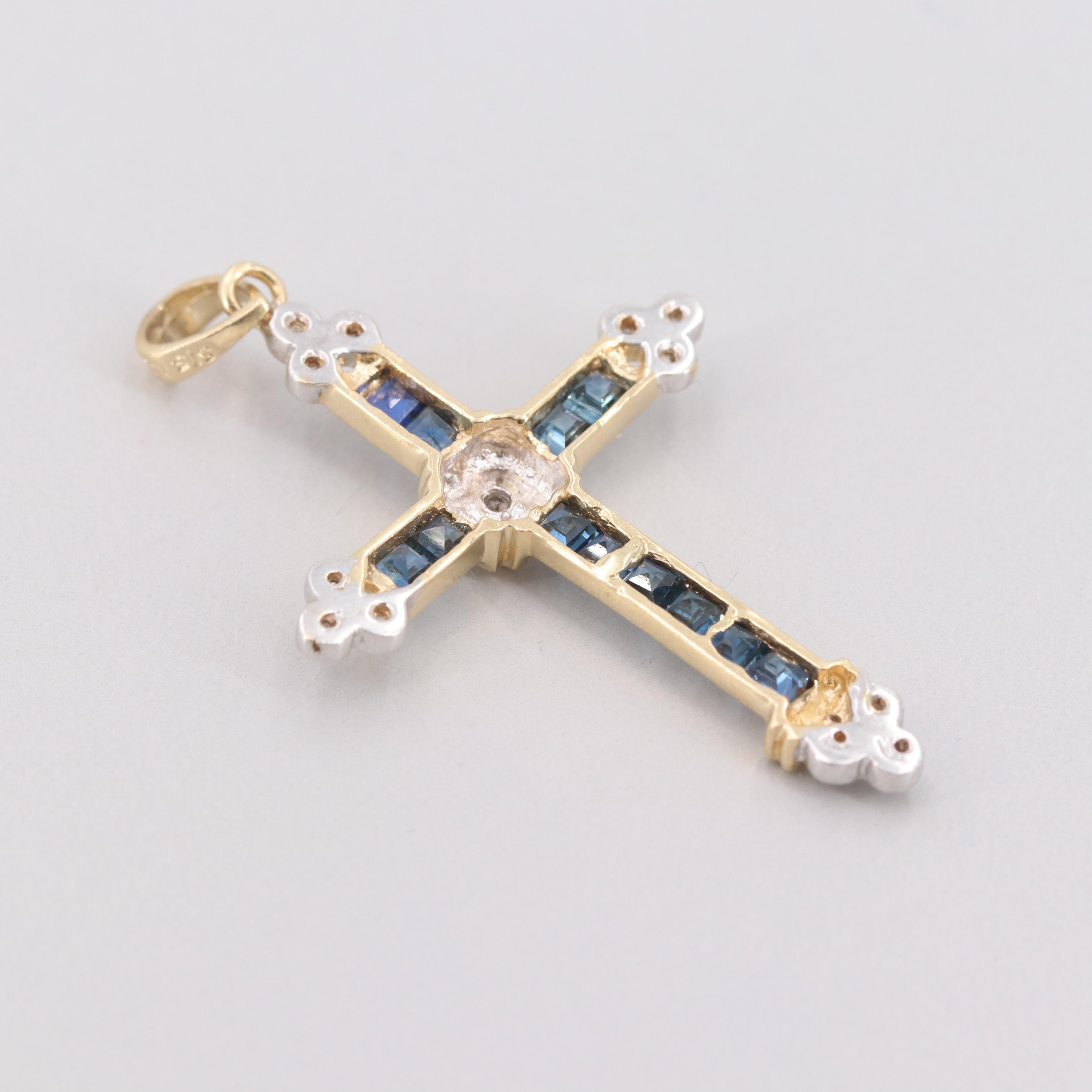 14K Yellow Gold Diamond and Sapphire Cross Pendant with White Gold Accents