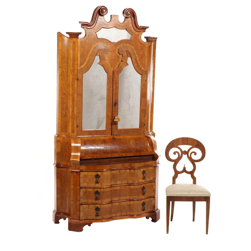 Contemporary Baroque Style Secretary Bookcase and Biedermeier Style Chair