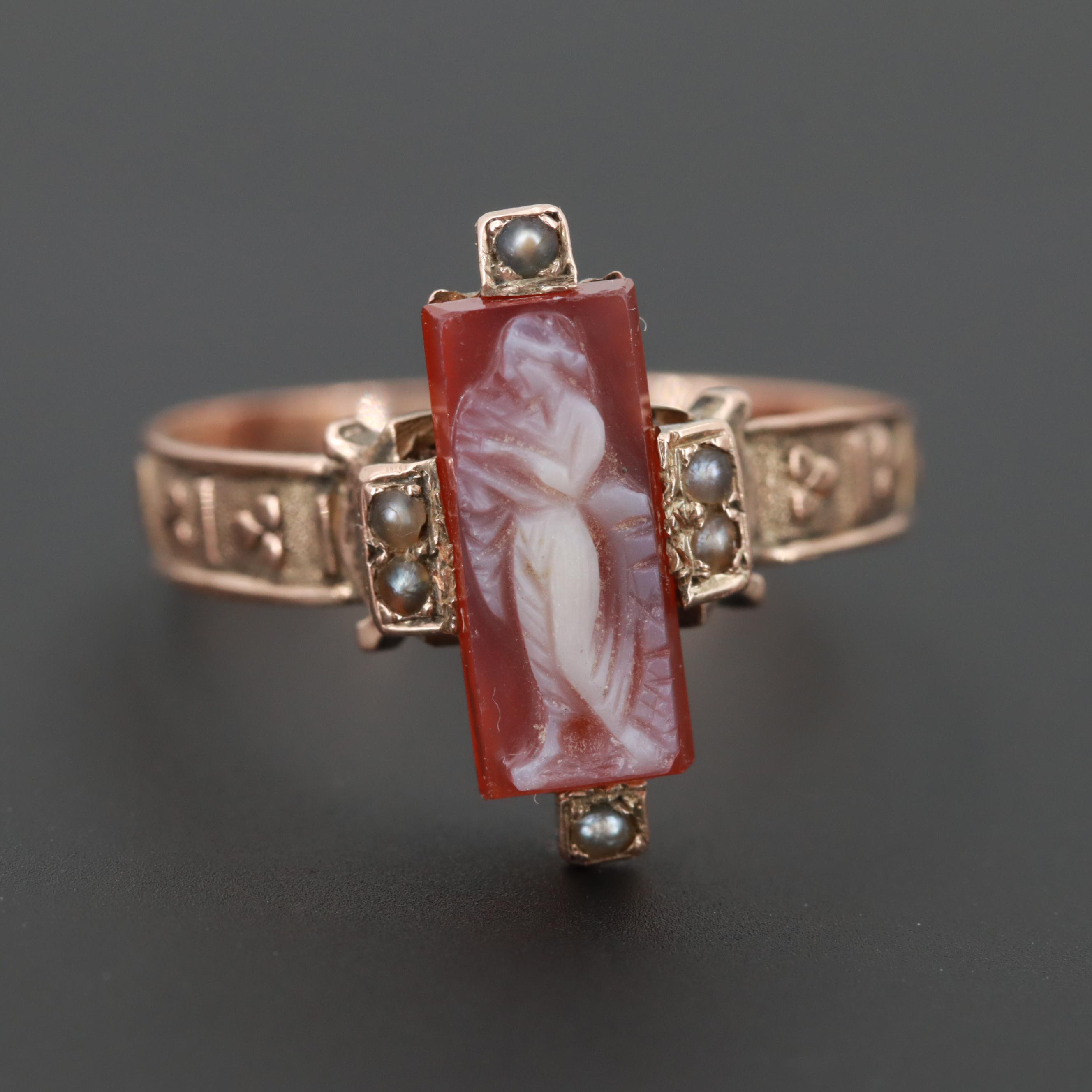 Victorian 10K Rose Gold Sardonyx and Seed Pearl Cameo Ring
