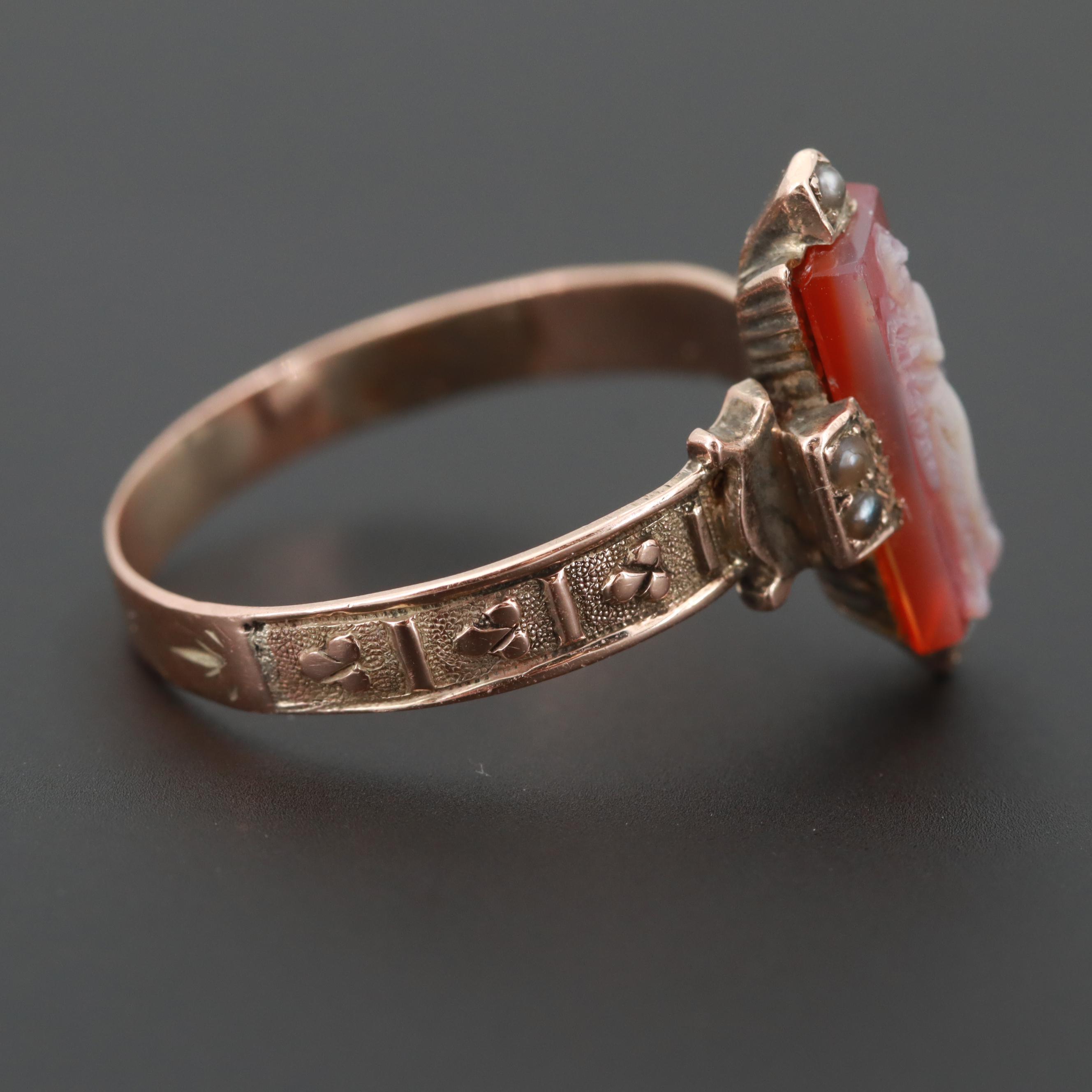 Victorian 10K Rose Gold Sardonyx and Seed Pearl Cameo Ring