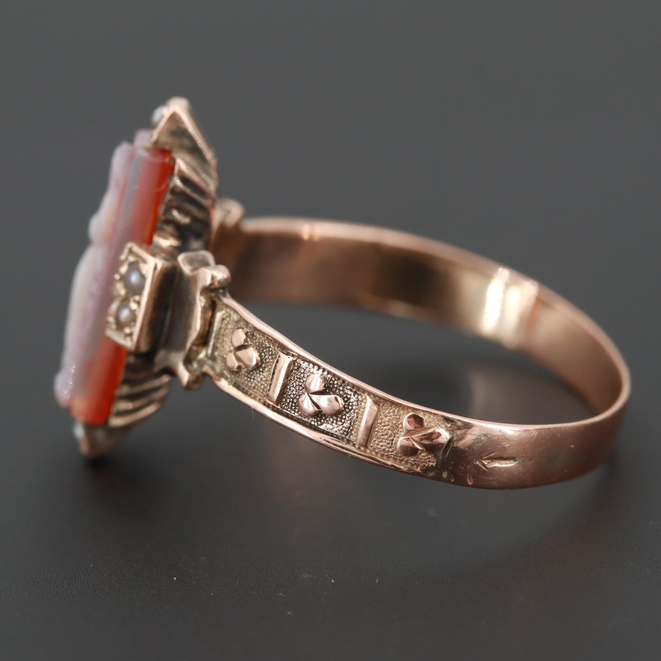Victorian 10K Rose Gold Sardonyx and Seed Pearl Cameo Ring
